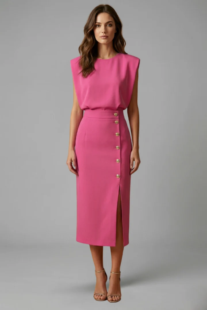 Damen Midikleid mit Rundhalsausschnitt und seitlichem Schlitz | ?rmelloses Kleid mit Knopfleiste und tailliertem Schnitt