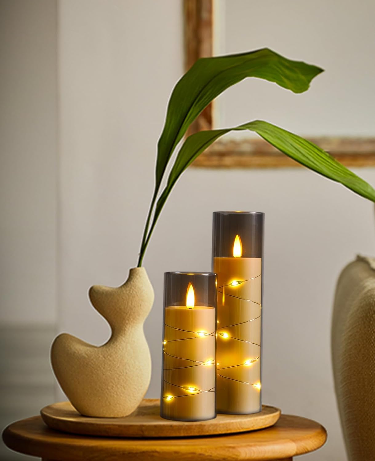 ACROSS Graue flammenlose Kerzen mit Lichterkette, batteriebetriebene LED-Stumpenkerzen, 12,7 cm, 15,2 cm, 17,8 cm, 20,3 cm, Kerze mit Fernbedienung, künstliche Kerzen, Set mit 12 Stück, für besondere
