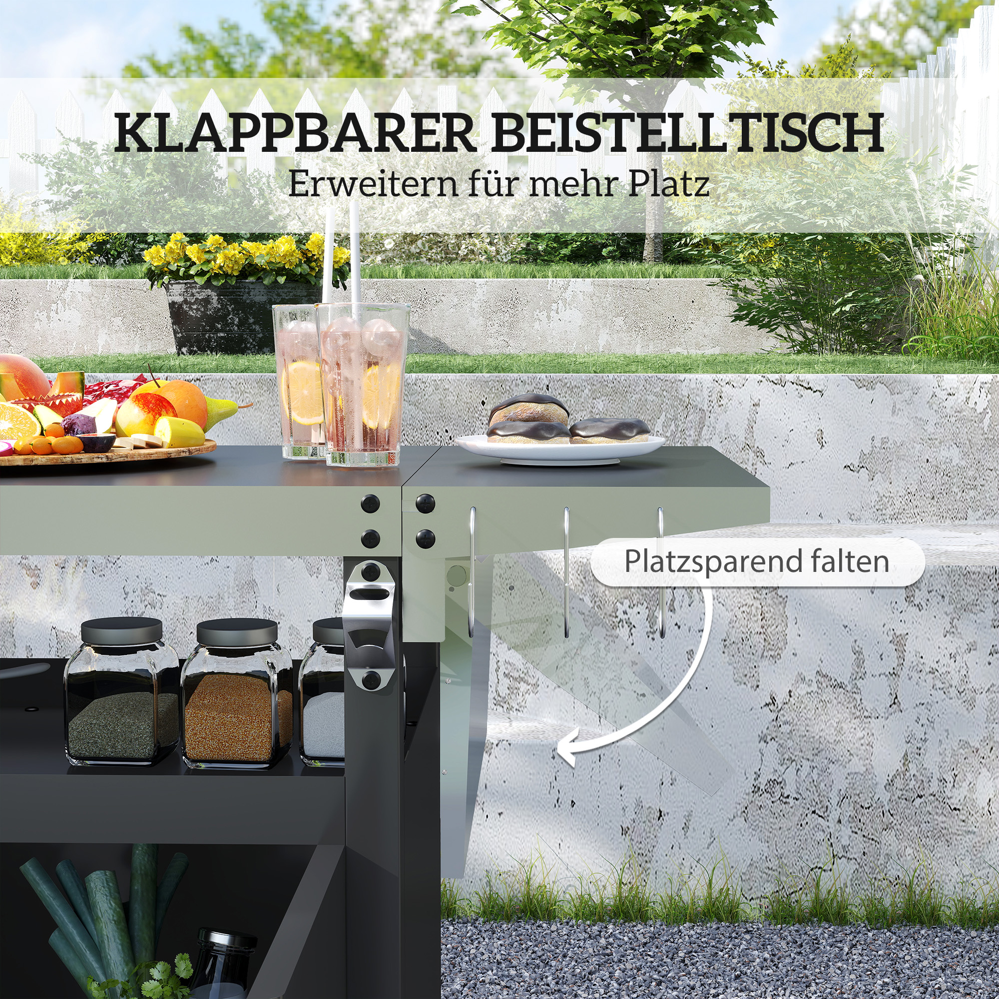 Outsunny Grillwagen met 3 Niveaus Serveerwagen met Werkblad Schrank Haken Wieltjes 116x50x93cm Zwart