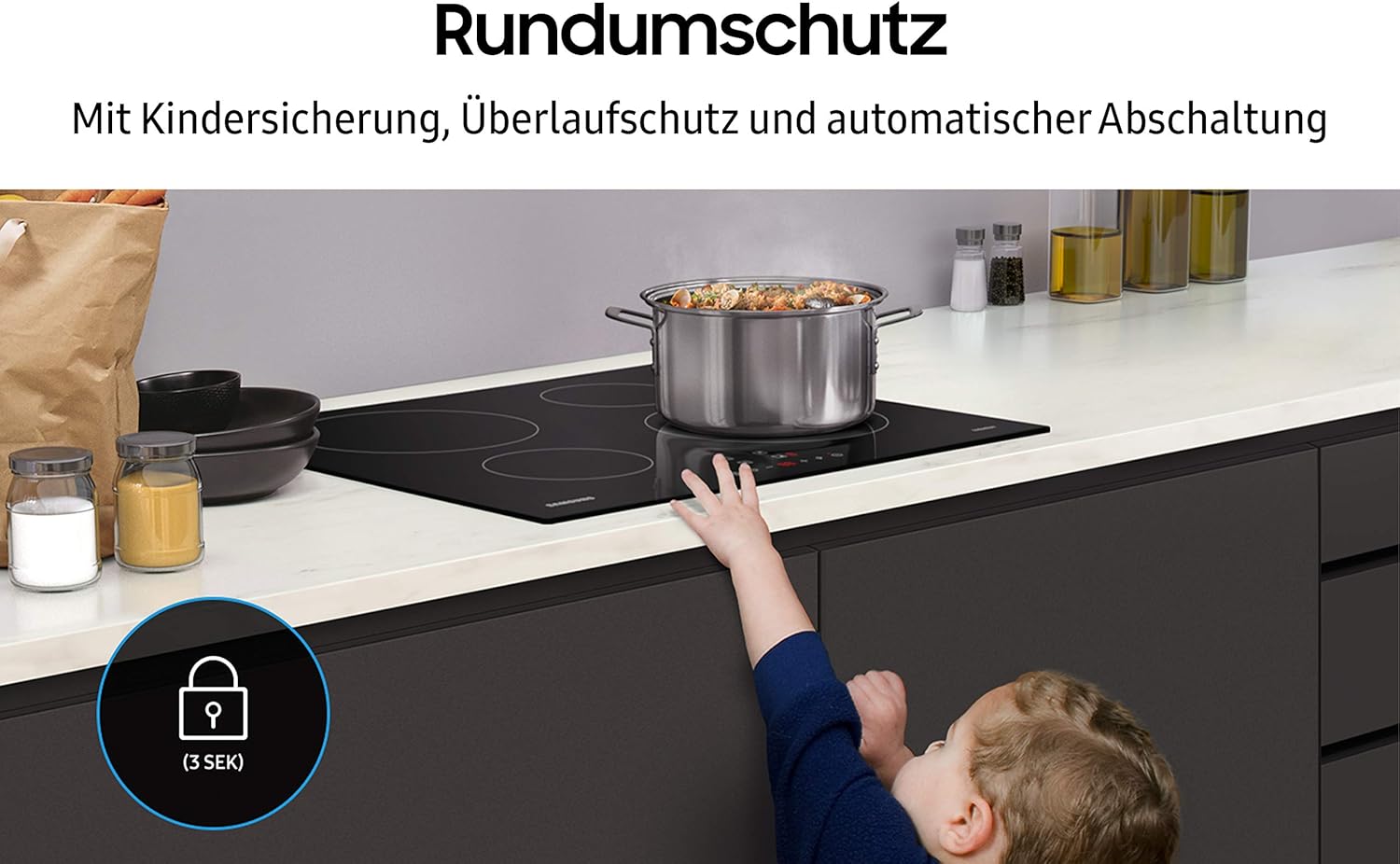 Samsung NZ64M3NM1BB Autarkes Induktionskochfeld, 60 cm große Herdplatte aus Glaskeramik, Rahmenlos, 4 Kochzonen mit Touch Steuerung, 9 Leistungsstufen, 4 Booster, Kindersicherung, Schwarz