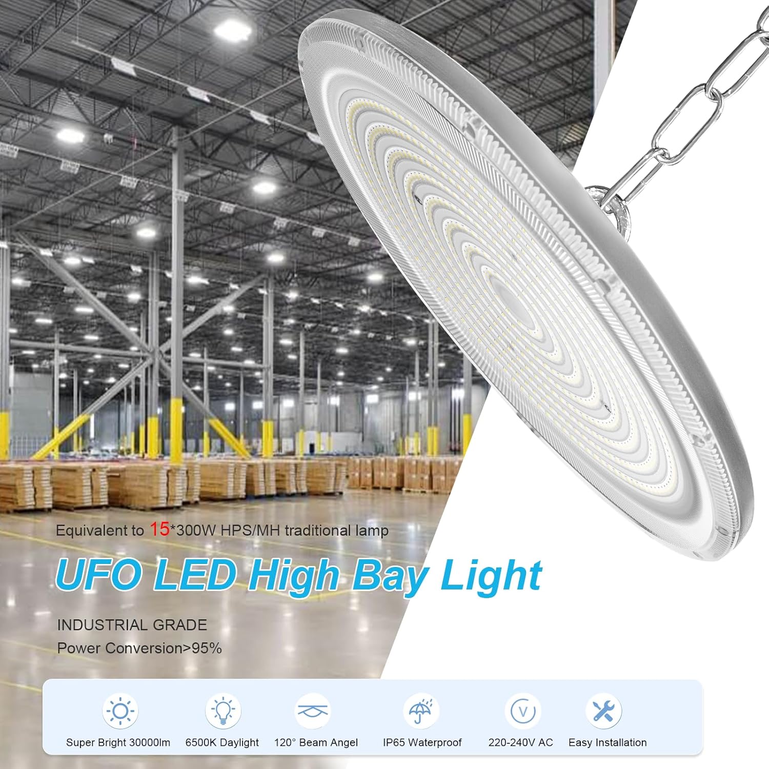 LED UFO Industrielampe,300W Superhell Hallenstrahler UFO LED Werkstattlampe,6500K Kaltweiß IP65 Wasserdicht High Bay Licht Kronleuchter für Fabriken,Garage,Lagerhaus,Baustelle,Stadio-6pcs