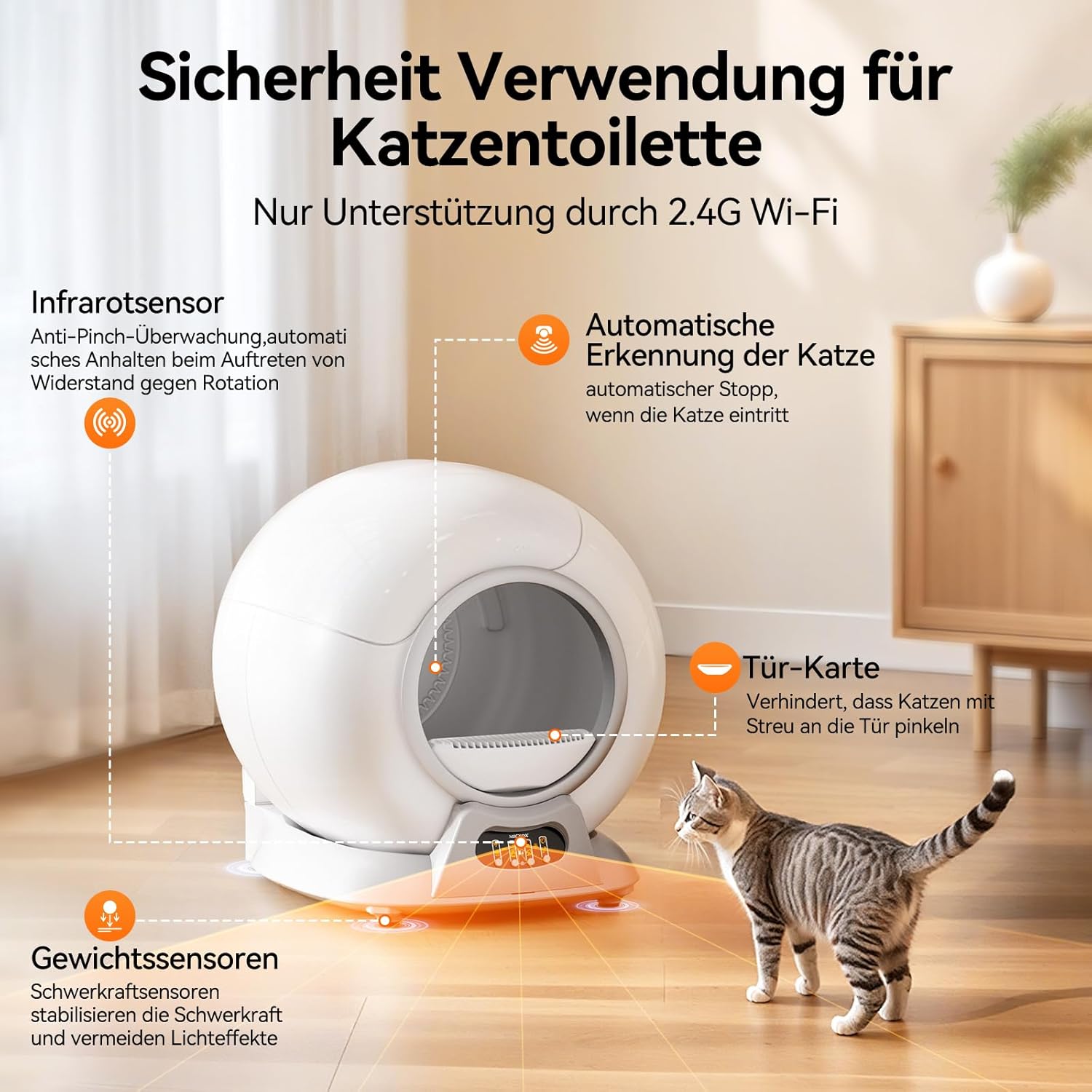 Selbstreinigende Katzentoilette, Katzenklo Selbstreinigend Extra 65L/Abnehmbarer Sandkontrollkasten/Sicherer Alert/APP-Steuerung/Anti-Pinch/Geruchsisolierende Katzentoiletten für Mehrere Katzen Weiß