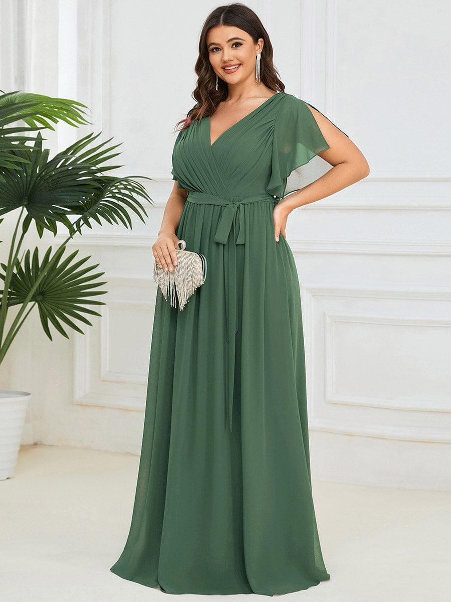 Abendkleid Damen Maxi A-Linie aus Chiffon | Festliches Kleid f��r Hochzeitsg?ste mit V-Ausschnitt und Fl��gel?rmeln
