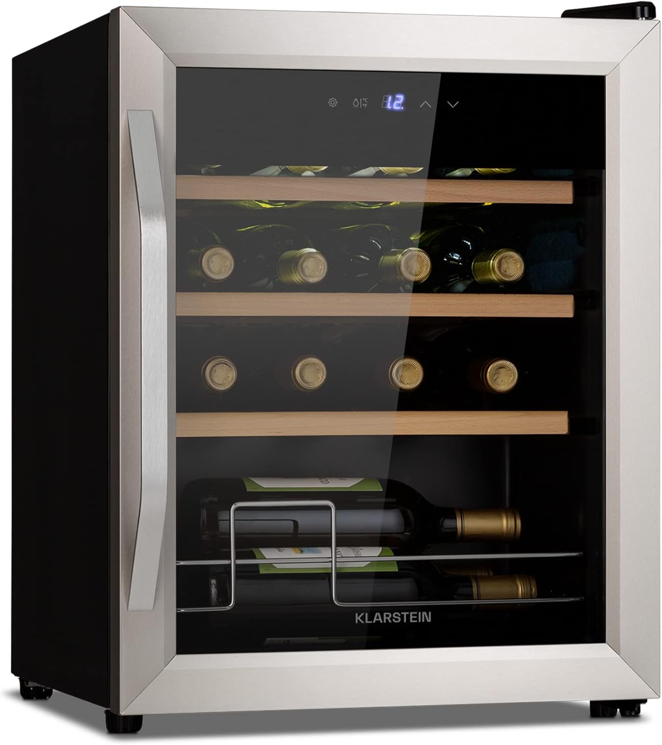 Klarstein Cave a Vin, Réfrigérateur à Vin avec Porte en Verre, Cave à Vin de Vieillissement, Zone Unique, Prosecco, Bière, Ecran Tactile, Réfrigérateur Bar, Frigo, Protection UV, 5-18°C, 16 Bouteilles
