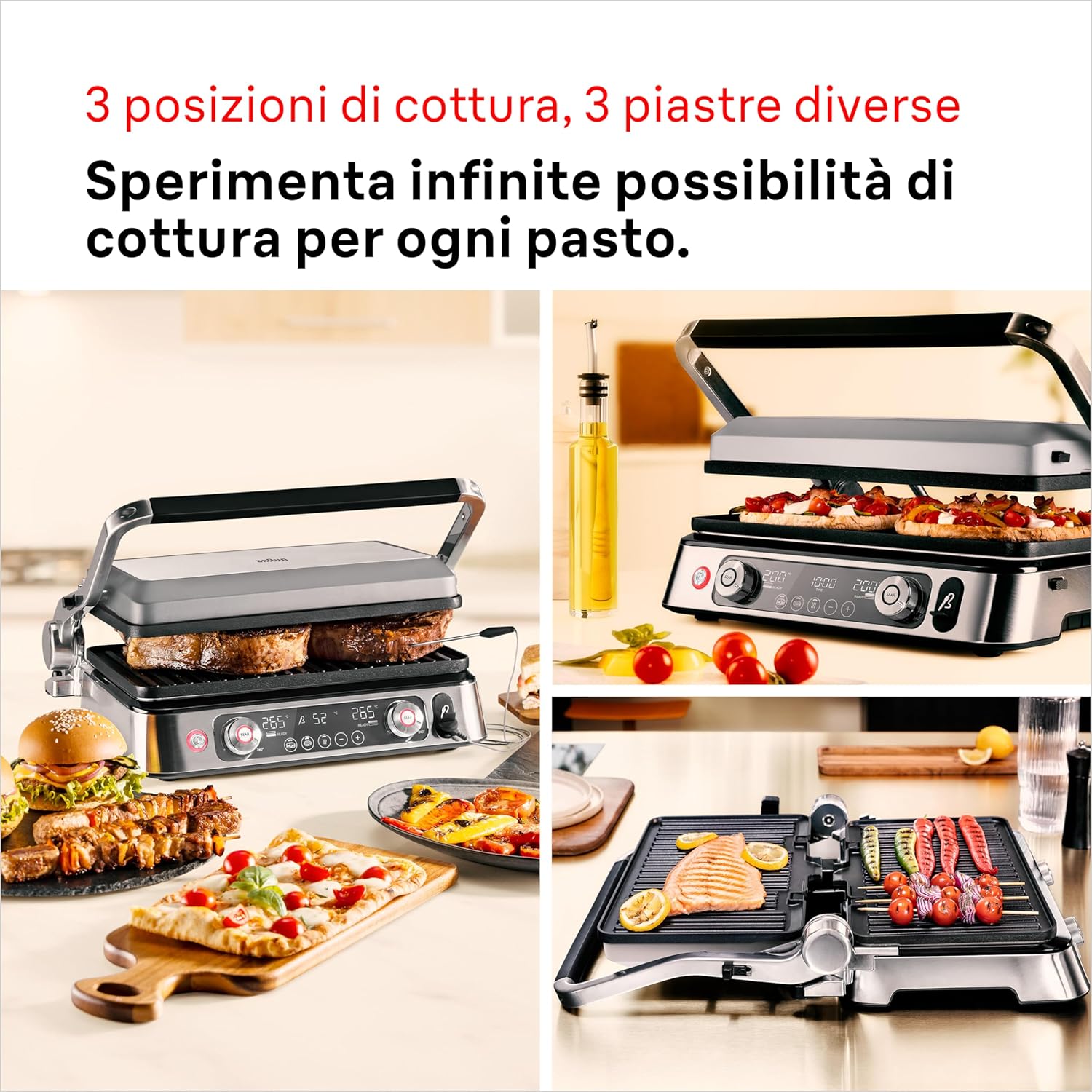 Braun MultiGrill 9 Pro CG 9160, Elektrogrill mit 2 unabhängigen Thermostaten, 3 Kochpositionen, spülmaschinenfeste Platten, integrierte Thermosonde, 2200 W, Schwarz/Edelstahl