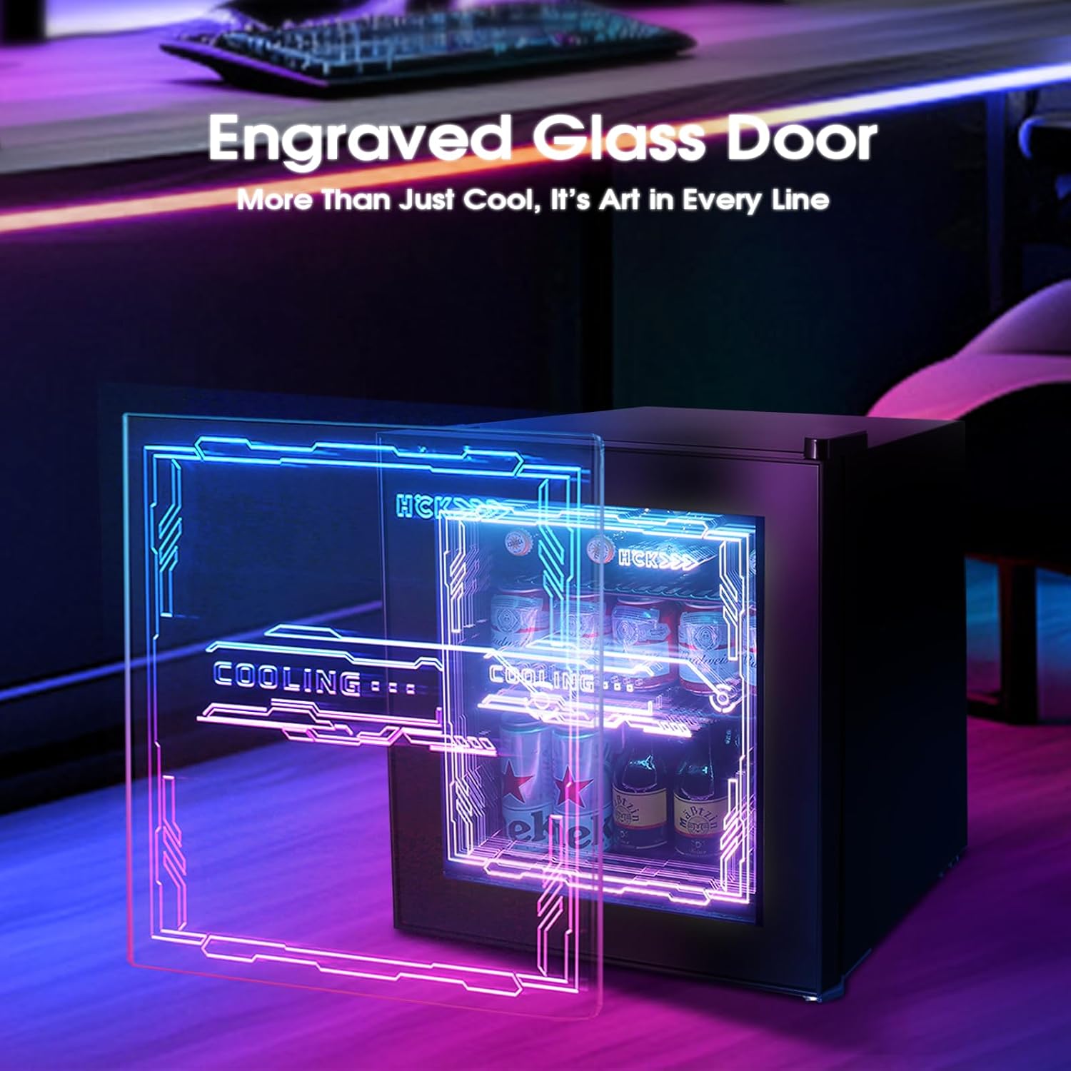 HCK Mini Kühlschrank 48L, Getränkekühlschrank mit Glastür und LED Beleuchtung, Cyberpunk Design, leise 39dB, 0-10℃ Bierkühlschrank für Gaming Room, Party, Bar, Schwarz