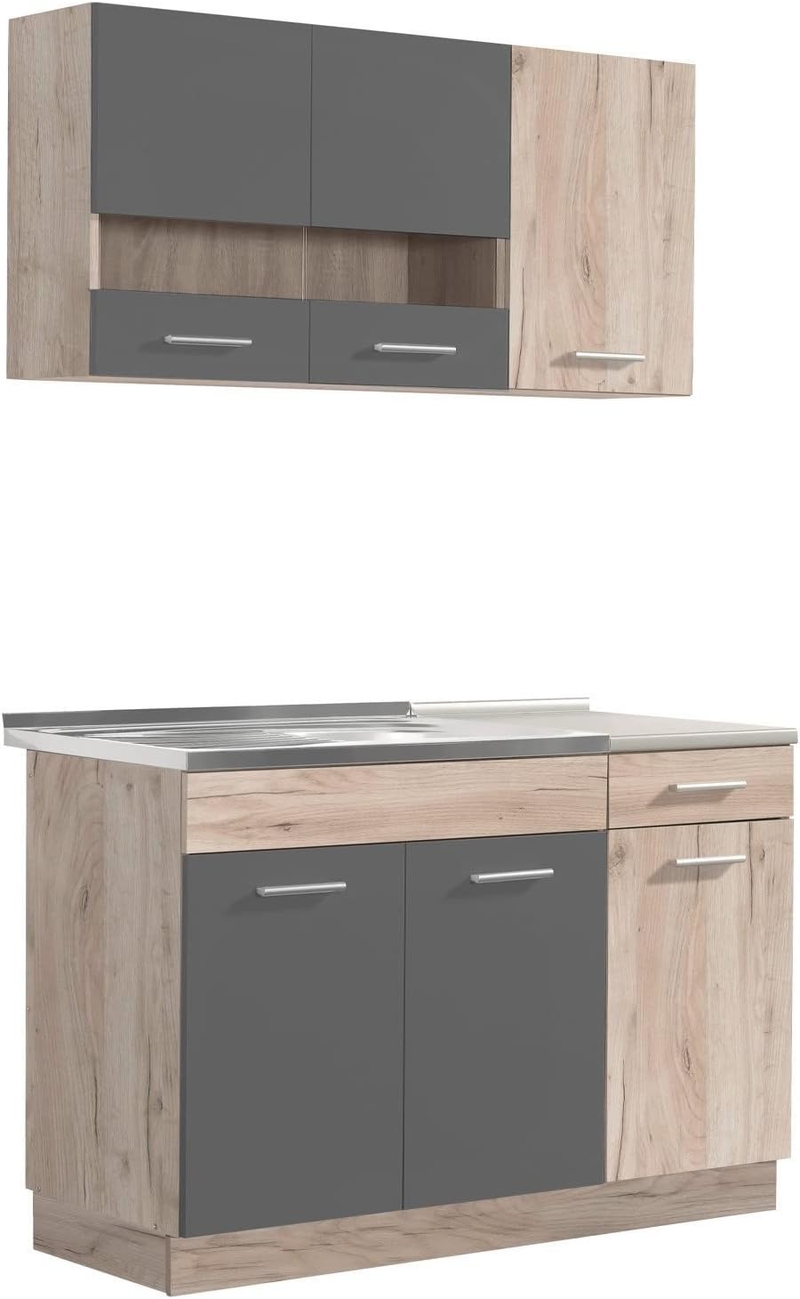 Homestyle4u 2359, Küche Küchenzeile Küchenblock Eiche Holz Grau Einbauküche Single Küchen Schränke 120 cm
