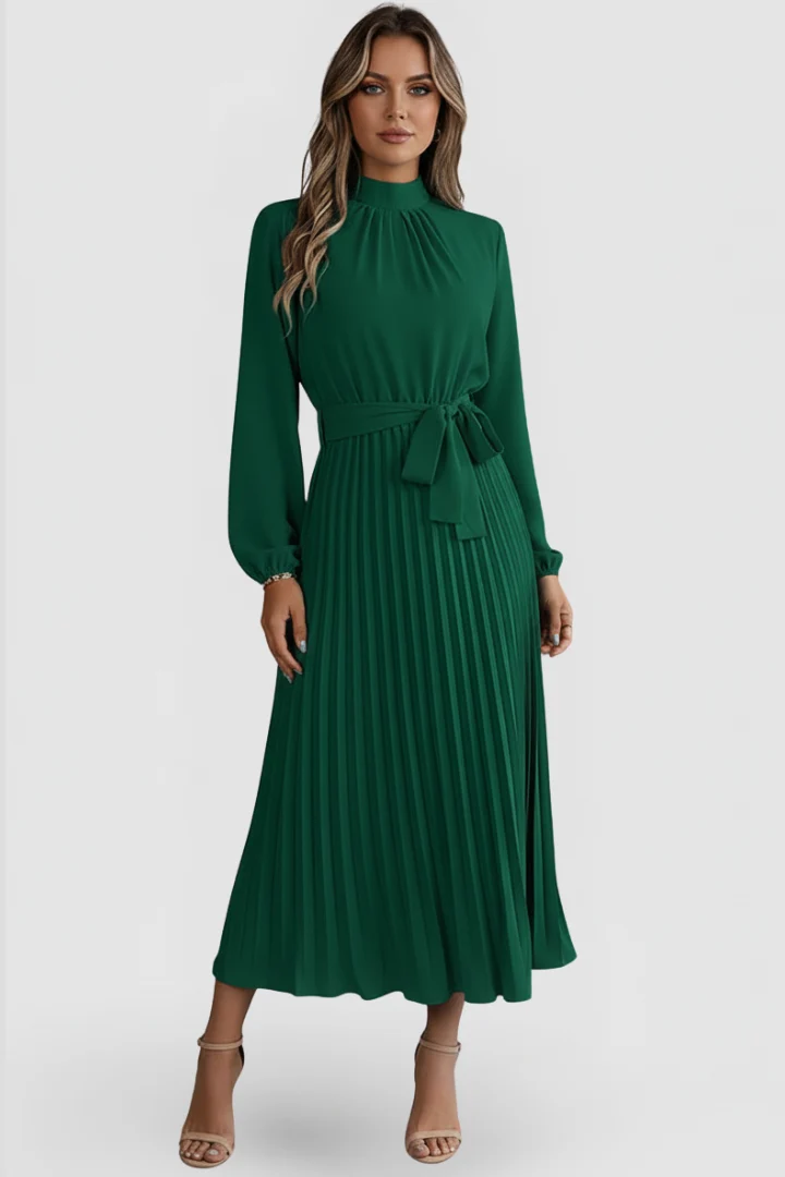 Plissee-Kleid f��r Damen mit Langarm und Bindeg��rtel | Elegantes Midikleid hochgeschlossen mit gerafftem Ausschnitt
