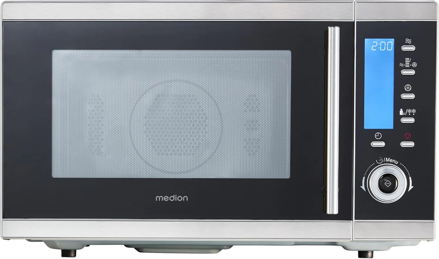 MEDION MD 15501 4 in 1 Mikrowelle mit Grill (25 Liter, 900 Watt, 1100 Watt Grill, 2500 Watt Hei?luft, 10 Automatik-Programme) silber