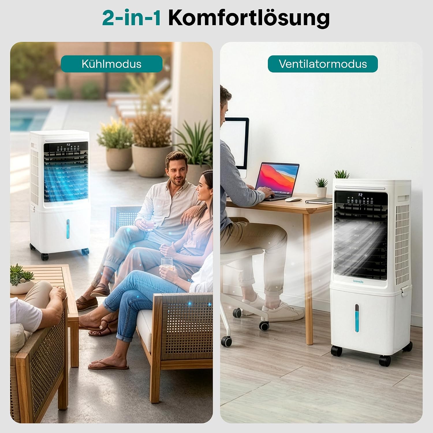 SereneLife Klimaanlage ohne Abluftschlauch, 25L Verdunstungsluftkühler für Große Räume, 1700 CFM, Kühlakku-Funktion, Timer Abnehmbarer Wassertank 80W, 60/120°Oszillation, Leise mit Rollen