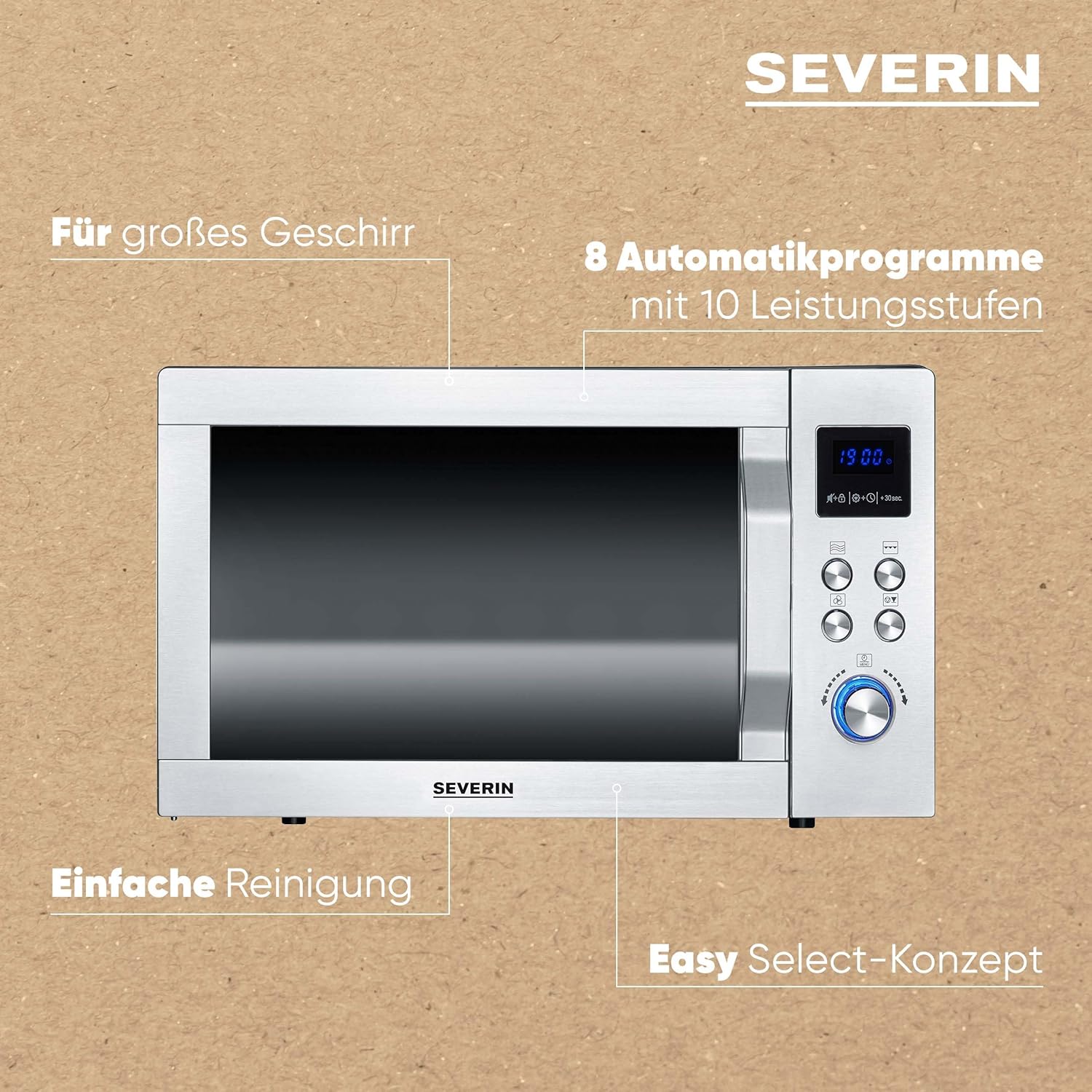 SEVERIN Mikrowelle mit Grill und Heißluftfunktion 3-in-1, zum Auftauen, Garen und Erhitzen, Mikrowelle mit Drehteller, Edelstahl-gebürstet/silber, MW 7774