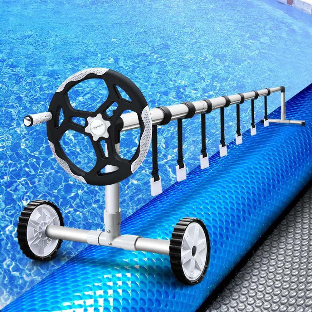 Aquabuddy Pool Cover Roller with Blanket for Outdoor Swimming Pools, 7x4m Blue Silver