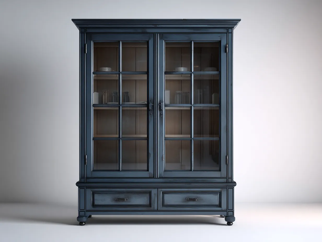 Vitrine-Holz-Glas-102 x 45 x 194 cm-Blaugrau-Landhausstil