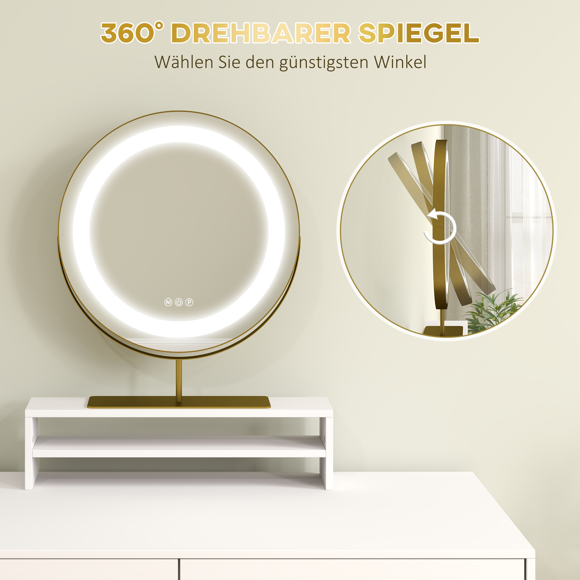 Kaptafel met 360�� Spiegel, LED-verlichting, 2 Laden, Wit/Goud