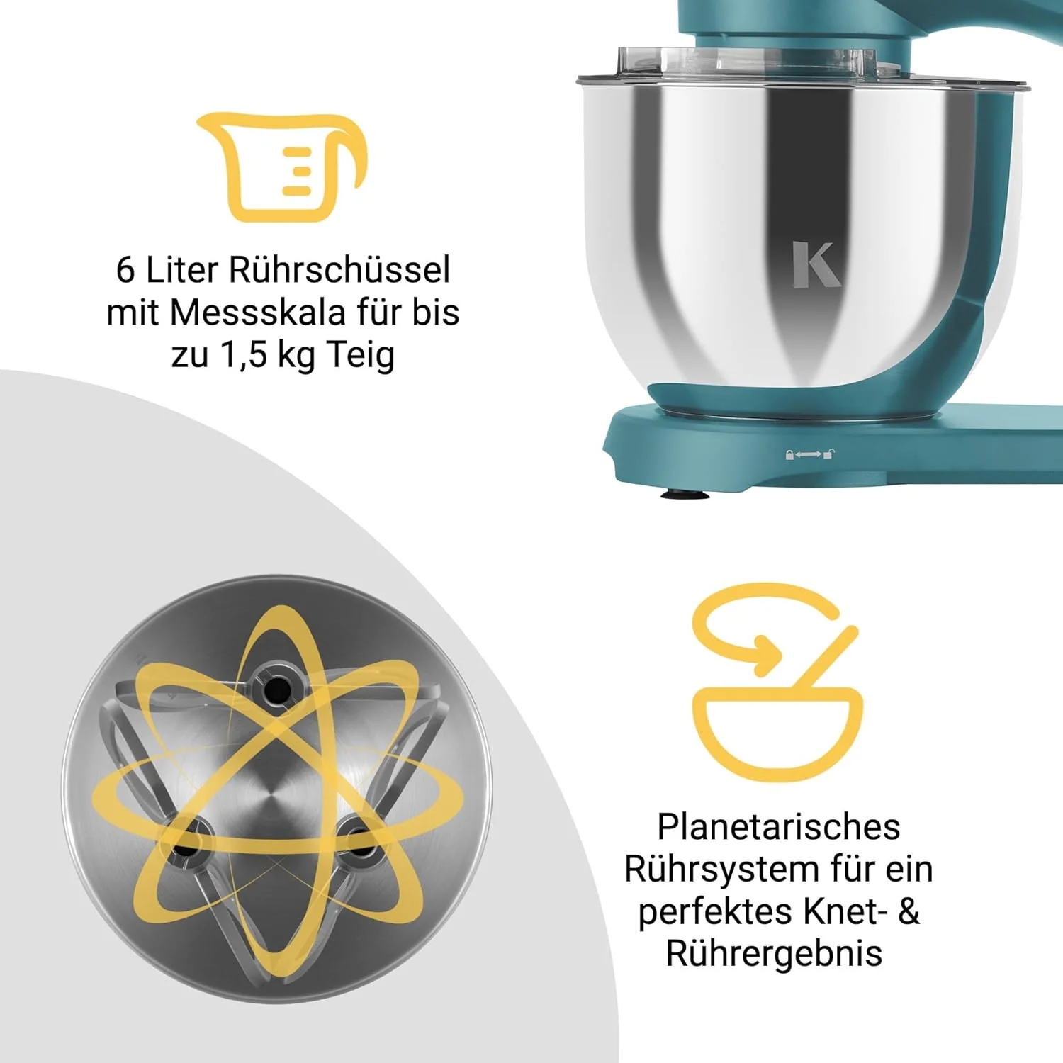 KLAMER Keukenmachine 1800W, Kneedmachine met 6 Liter RVS Kom, 10 Snelheidsstanden met Timer, Klopper, Deeghaak, Garde en Spatdeksel