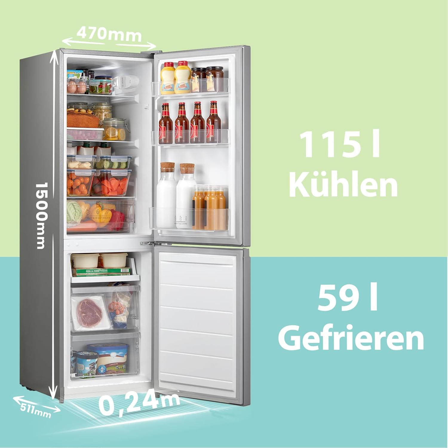 Comfee RCB169DK2(E) Fridge/Freezer Combination, 150 cm Height, Low Frost, Adjustable Fridge Temperature, LED Light, 195 kWh per Year, Fridge Capacity 115 L, 59 L Freezer, Black