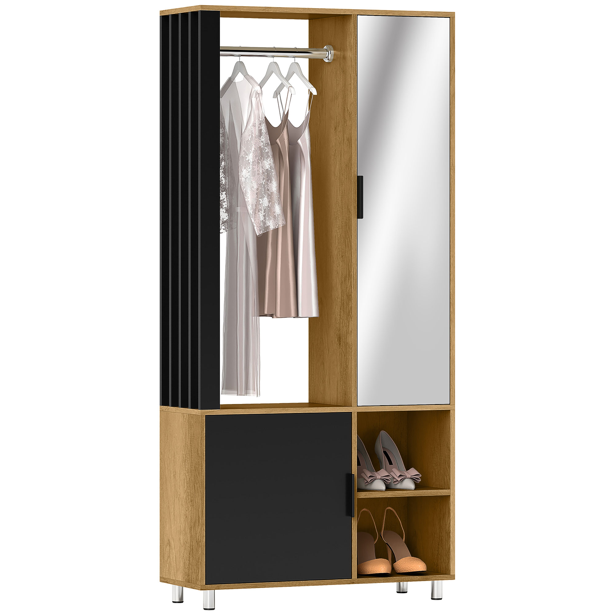 Kast met Spiegel en Kledingstang, Opbergruimten, Open Opbergruimtes, Natuurlijk hout, Zwart