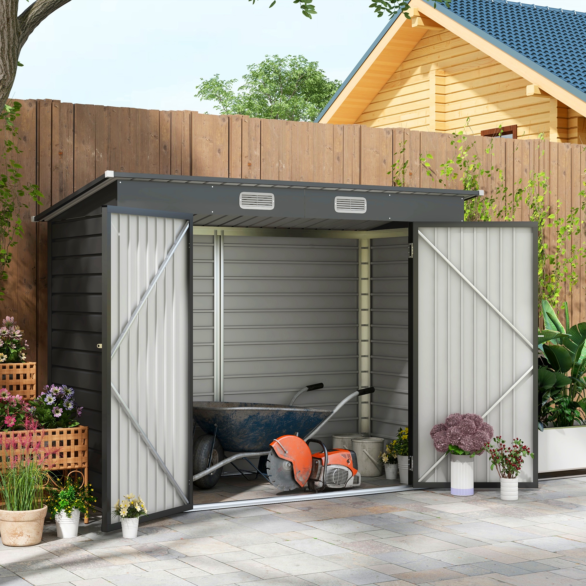 Outsunny Stalen tuinschuurtje, Ger?teschuppen, Dubbele Deuren, 249B x 121D x 166/183H cm, Grijs