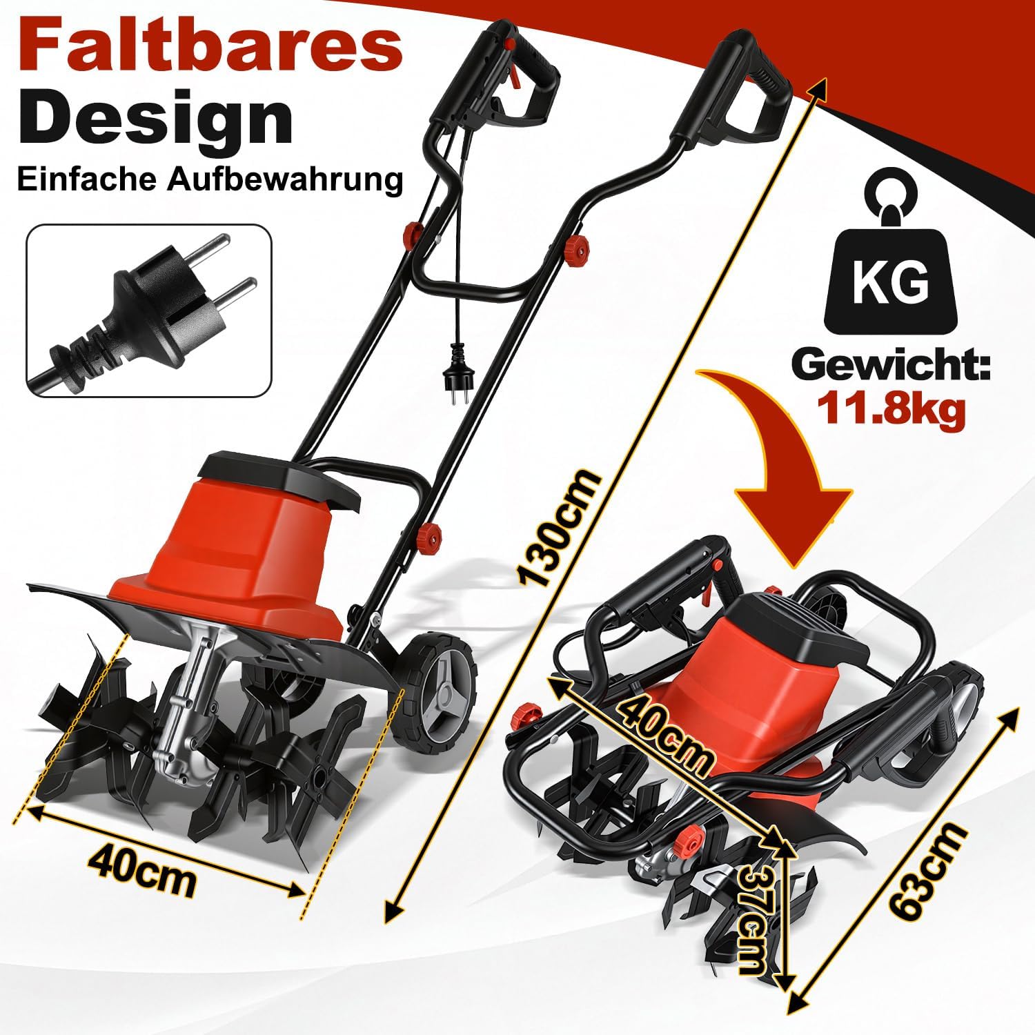 1500W Elektro Motorhacke Gartenfräse, Bodenfräse 400 mm Arbeitsbreite,220 mm Arbeitstiefe elektrische Bodenhacke Motorhacke,24 Messer zum Boden auflockern,Für Garten, Rasen und Beet