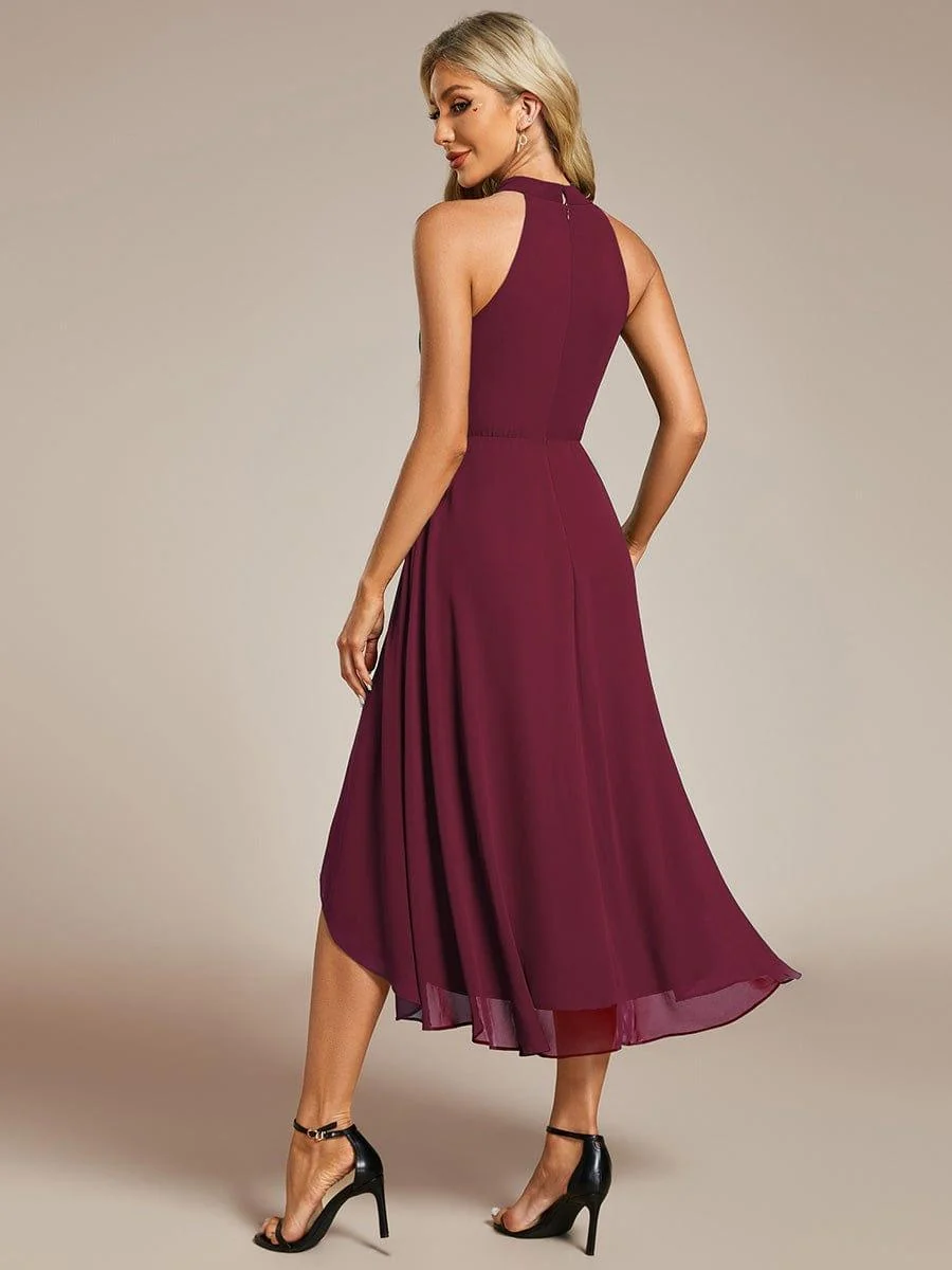 Damen Chiffon Midi-Kleid in A-Linie | Festliches Halterneck Kleid mit Plissee-Details | Sommerliches Kleid f��r Hochzeitsg?ste