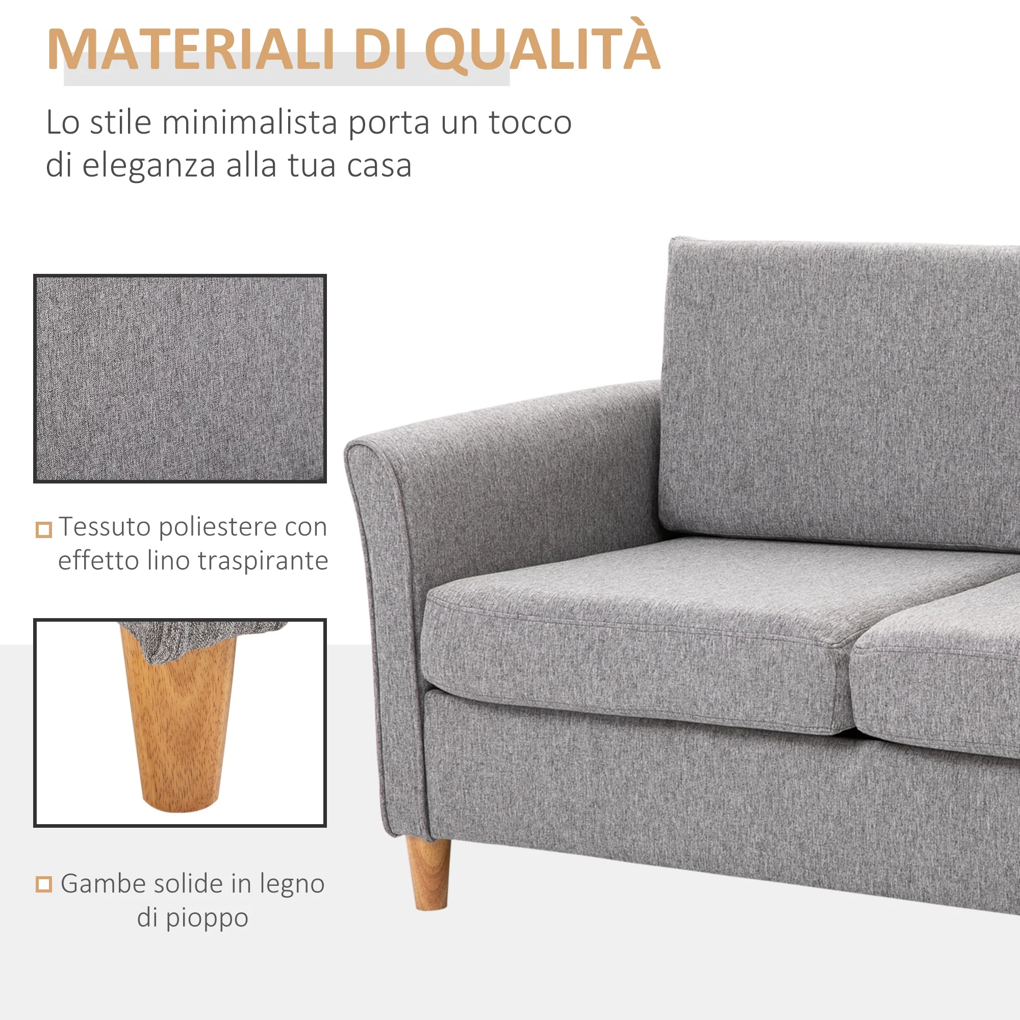 Divano 2 Posti 65x141x78 cm in Legno e Tessuto Lino  Grigio