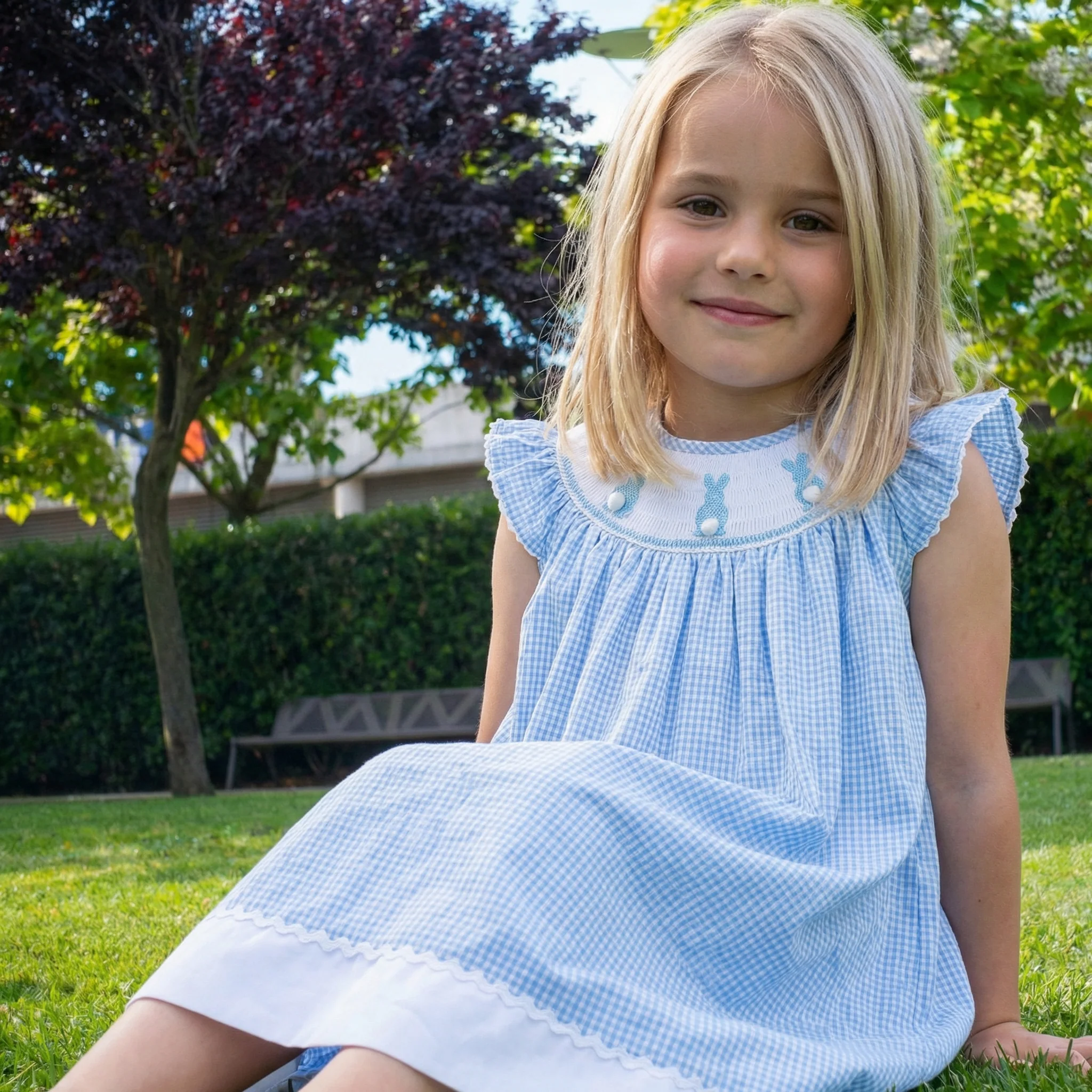 Blue Gingham Bunny Smocked Bishop Dress
