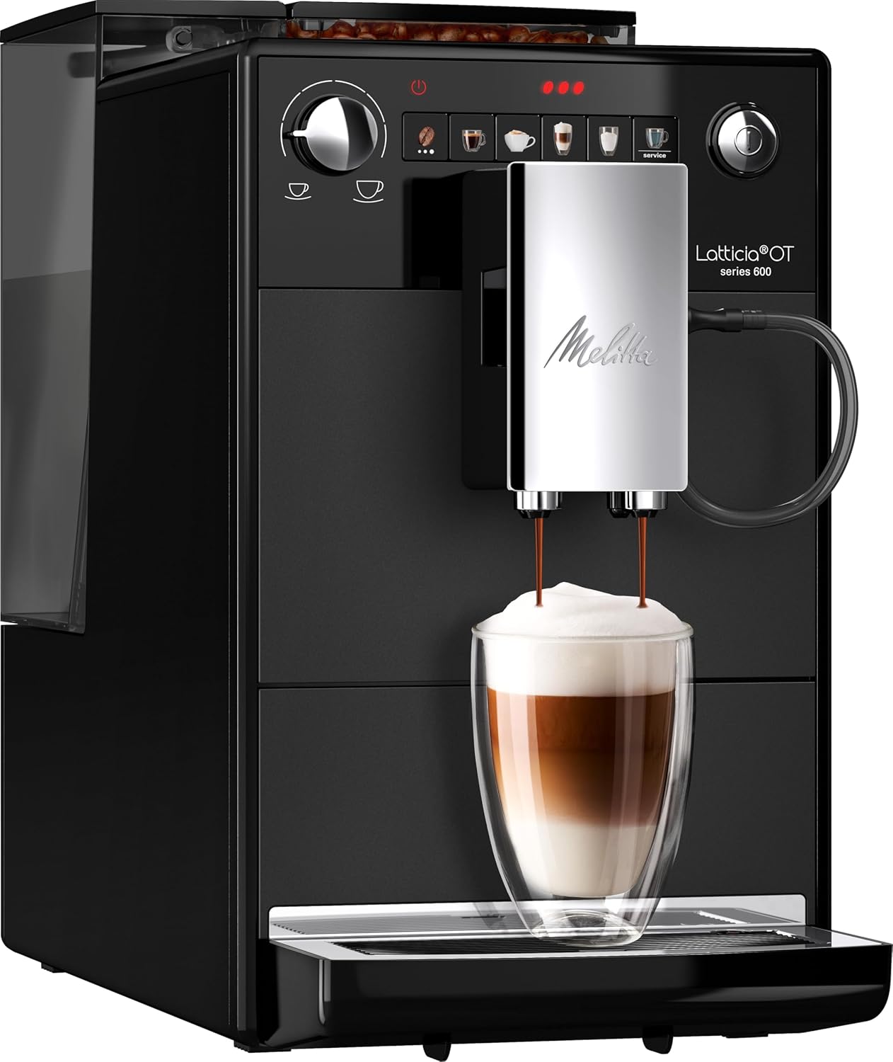 Melitta Latticia OT - Kaffeevollautomat mit Milchsystem, Kaffeemaschine mit Mahlwerk für z. B. Kaffee oder Cappuccino, silber/schwarz