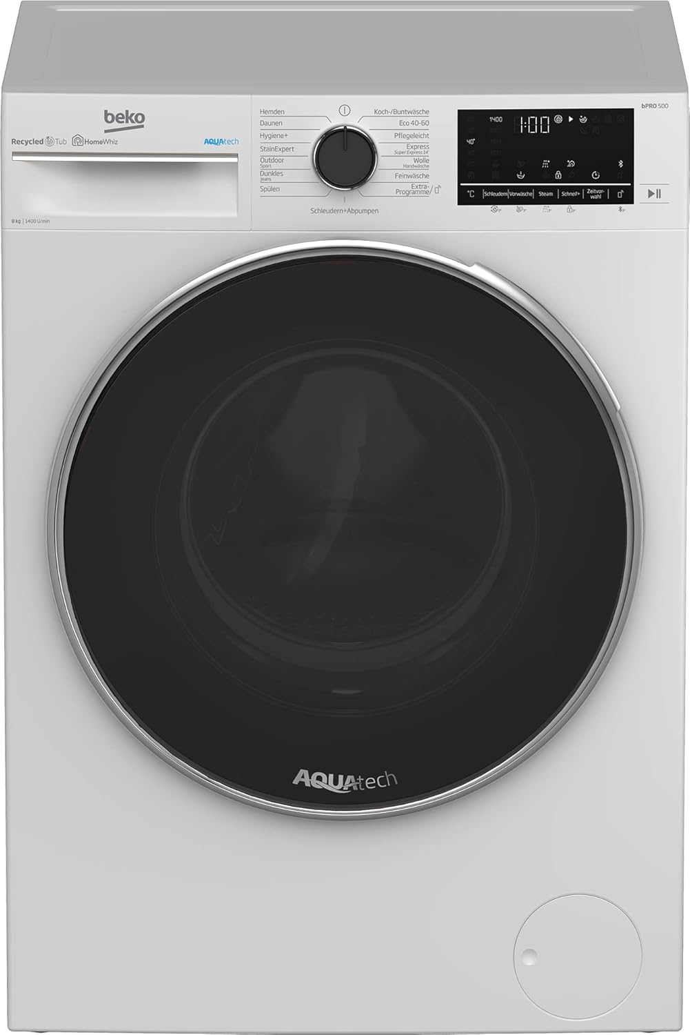 Beko B5WFU58418W bPRO 500 freistehende Waschmaschine, Waschvollautomat, 8 kg, AquaTech, Schleuderwahl, 1400 U/min, Bluetooth, Dampffunktion, Hygiene+ allergikergeeignet, Weiß