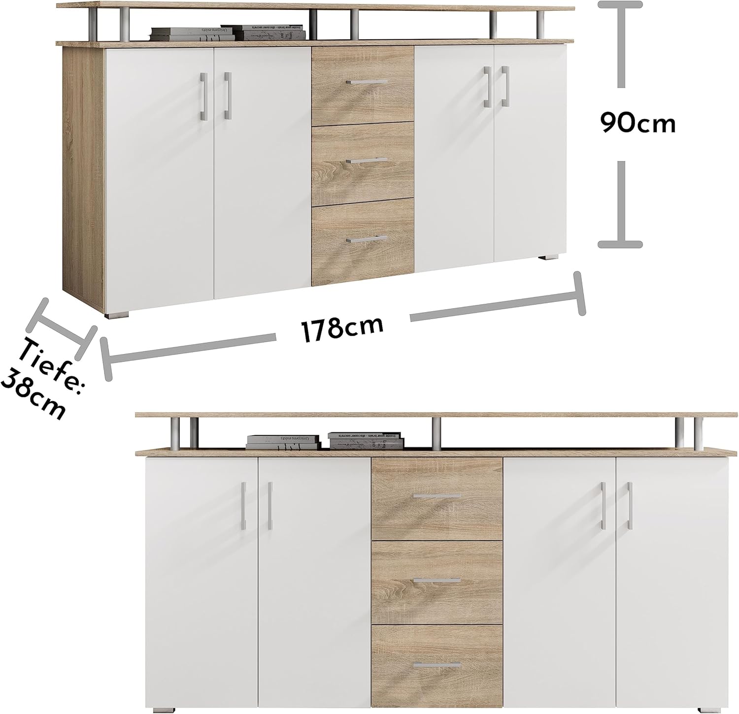 Stella Trading Highboard mit Ablage in Eiche Sonoma Optik, Weiß - Moderner Wohnzimmerschrank mit Schubladen und viel Stauraum für Ihren Wohnbereich - 178 x 90 x 38 cm (B/H/T)