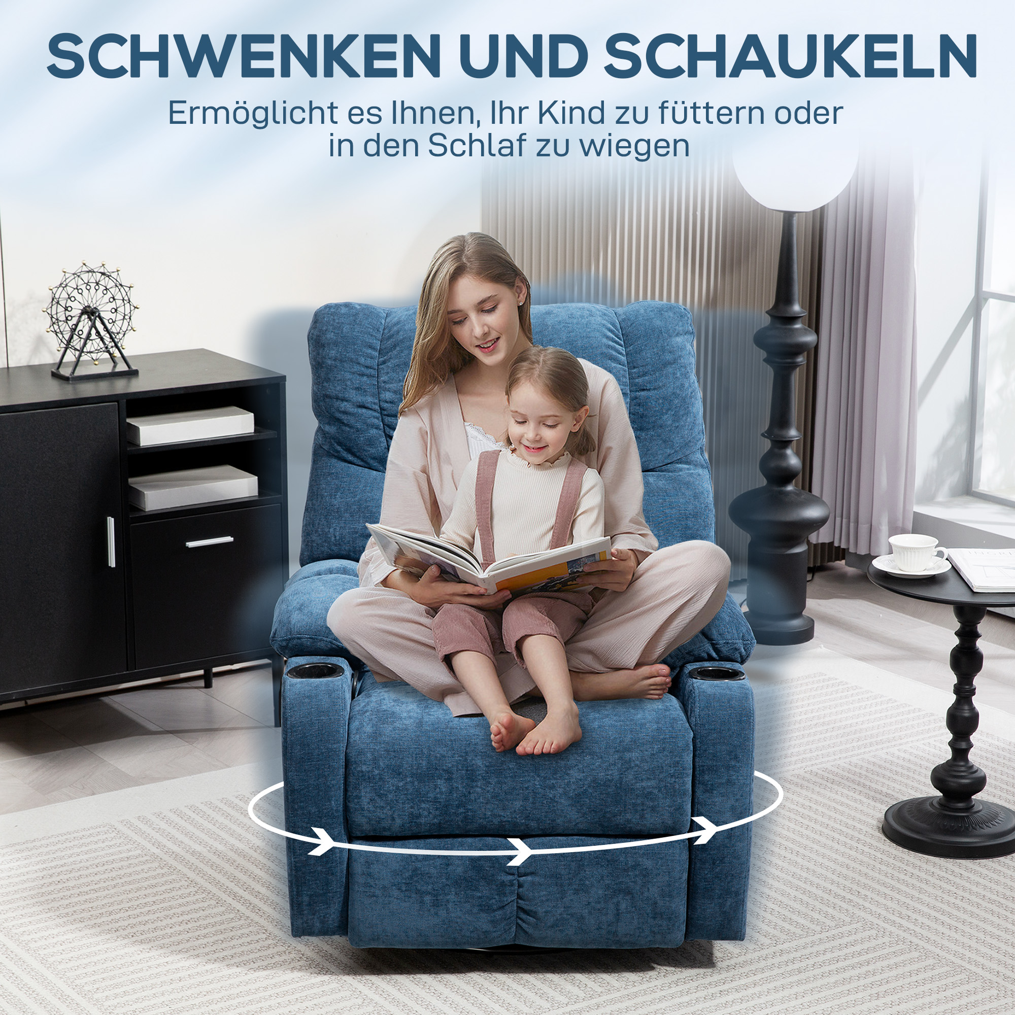 Relaxstoel met Voetensteun, Ligstoel, Draaibaar, tot 150 kg, Stalen Frame, 88x96x108cm, Donkerblauw