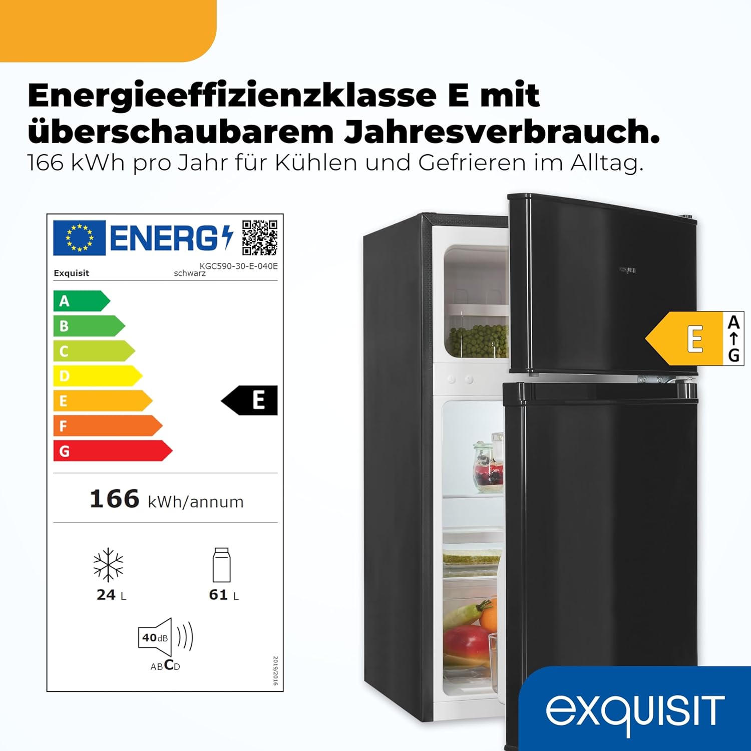Exquisit Kühl-Gefrierkombination | 85 l Nutzinhalt, Energieklasse E, 40 dB(A) | kompakte Bauform, 4-Sterne-Gefrierfach, LED-Beleuchtung, elektronische Temperaturregelung | KGC590-30-E-040E schwarz