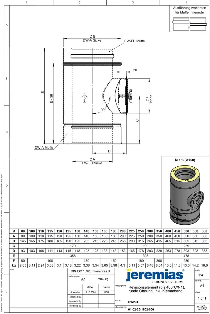 Jeremias DW-FU Längenelement 250mm Doppelwand Edelstahl Abgassystem Inspektionsöffnung bis 400°C N1