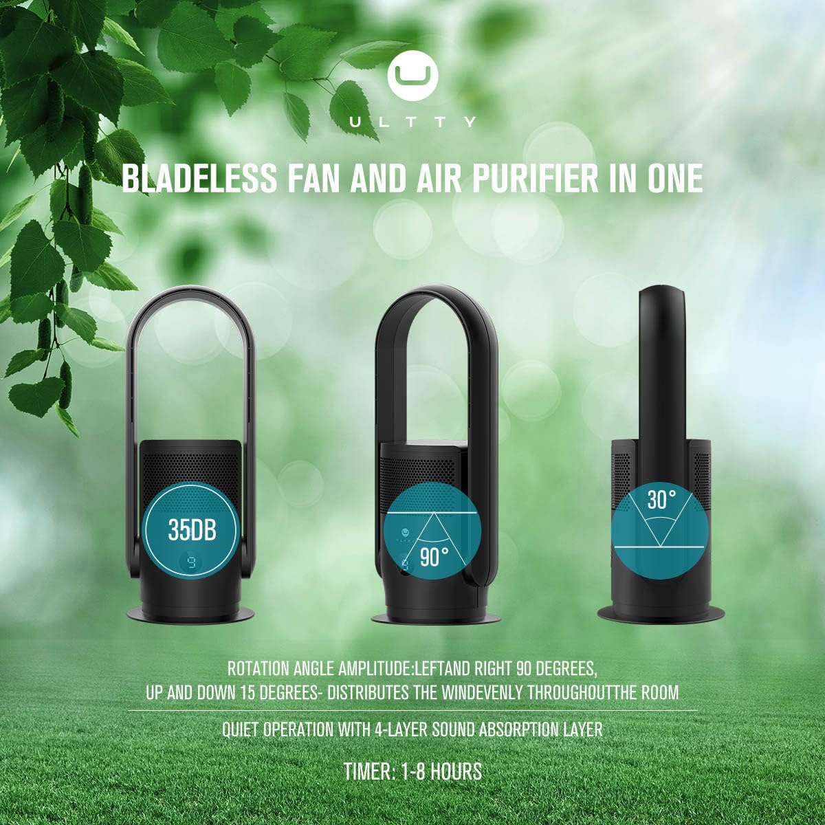 Rotorloser Ventilator mit Luftreiniger, Ultty Turmventilator Leise mit Fernbedienung, Touch, 8H Timer, HEPA-Filter 99,97%, 80cm 90° Oszillation Bladeless Fan für Schlafzimmer Heim, CR022 Weiß