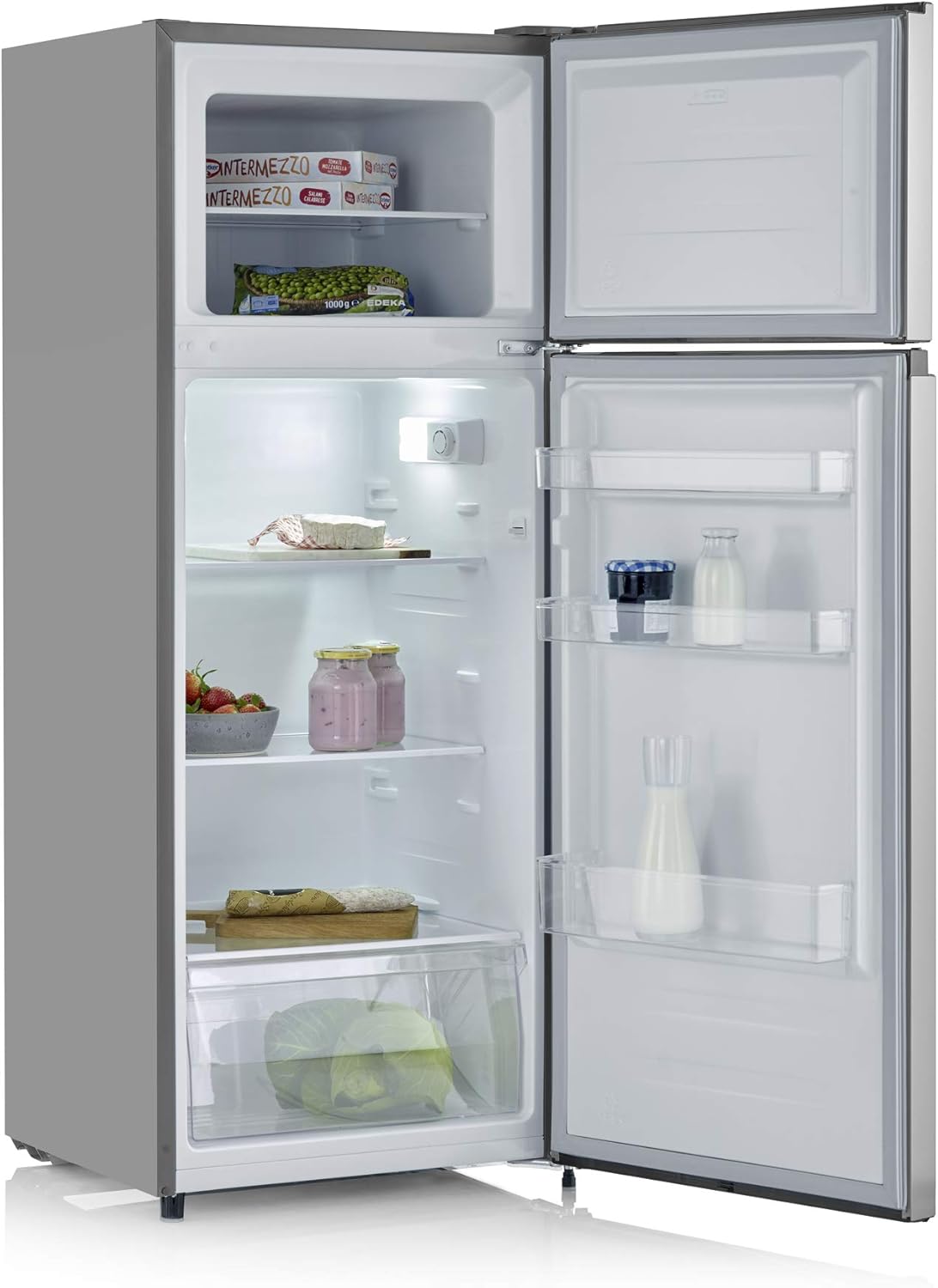 SEVERIN Réfrigérateur congélateur double porte, Pose libre, Longueur 55 cm, 206 litres, Classe E, Veggibox incluse, DT 8761
