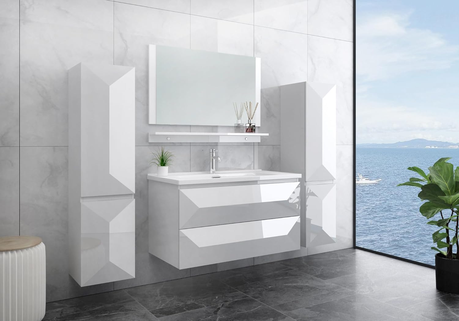 Faizee Möbel Miran Hochglanz Badmöbel Set mit Spiegel & Keramik-Waschbecken – Modernes 6-teiliges Badezimmer Set mit Soft-Close Unterschrank & 2 Seitenschränken (Miran Weiß, 60 cm (Unterschrank))