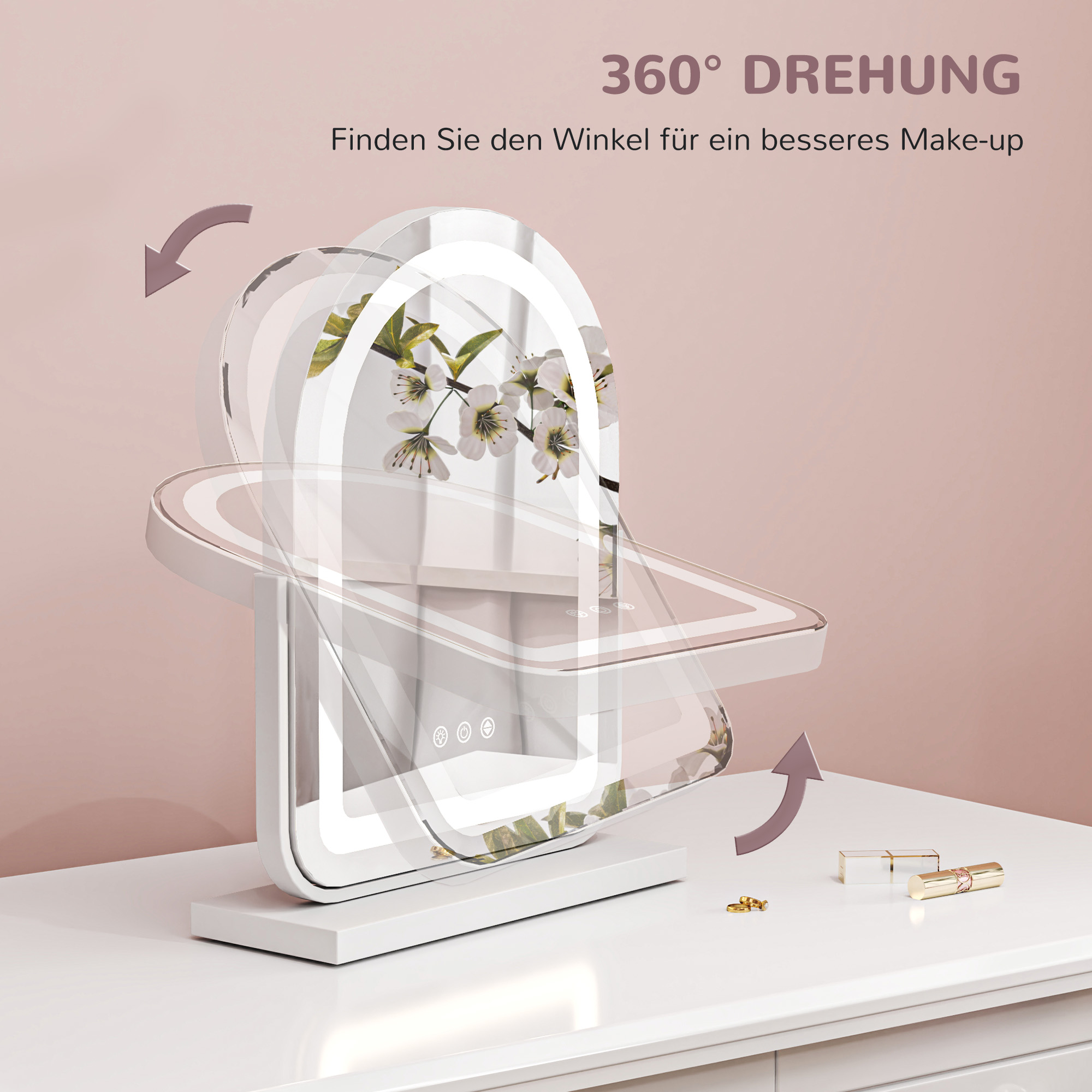 Make-upspiegel met LED-verlichting, 3 lichttemperaturen, draaibaar, touch-bediening, wit