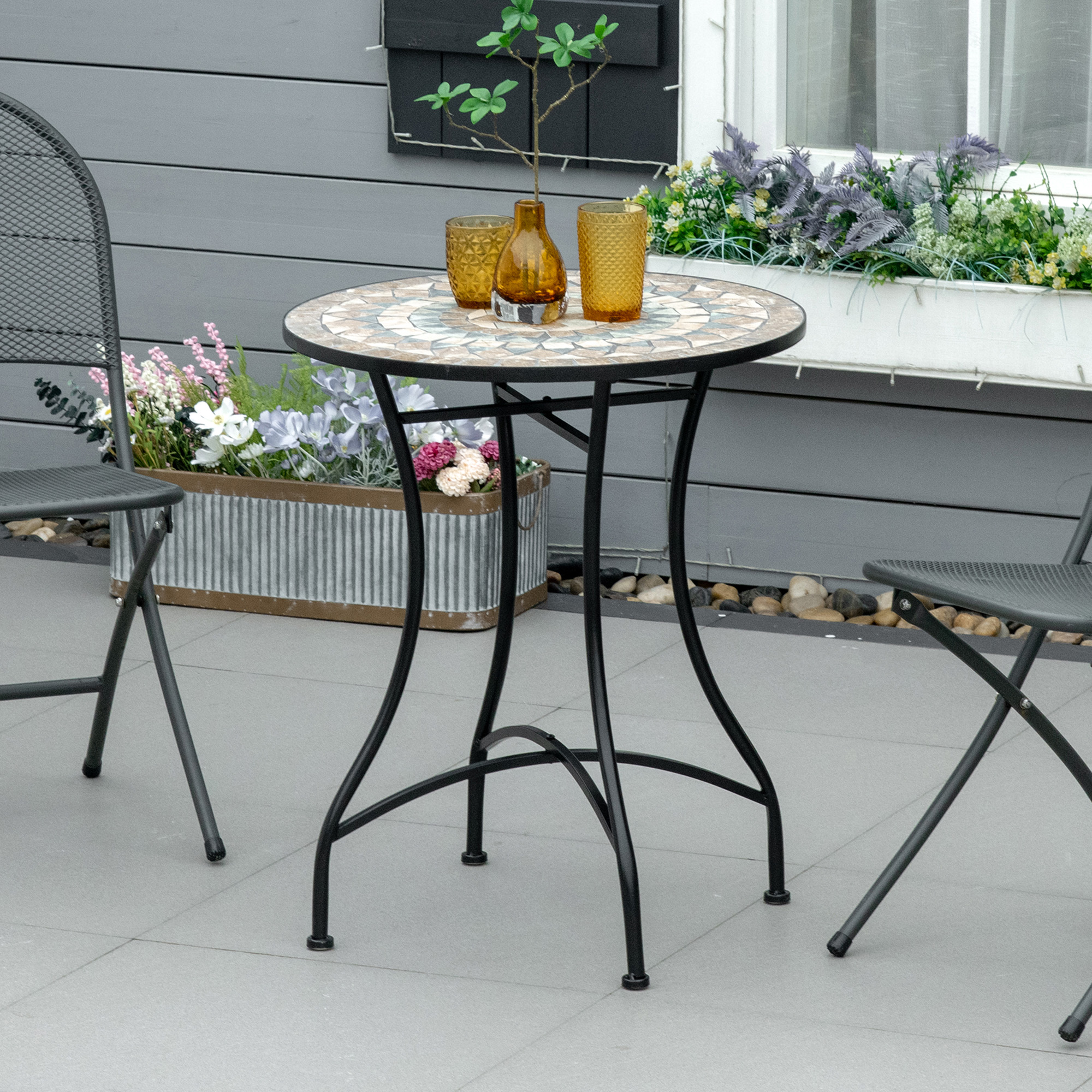 Stijlvolle   Ronde Tuintafel met Keramisch Moza?ekblad in Groen, Beige en Wit - ?60 cm