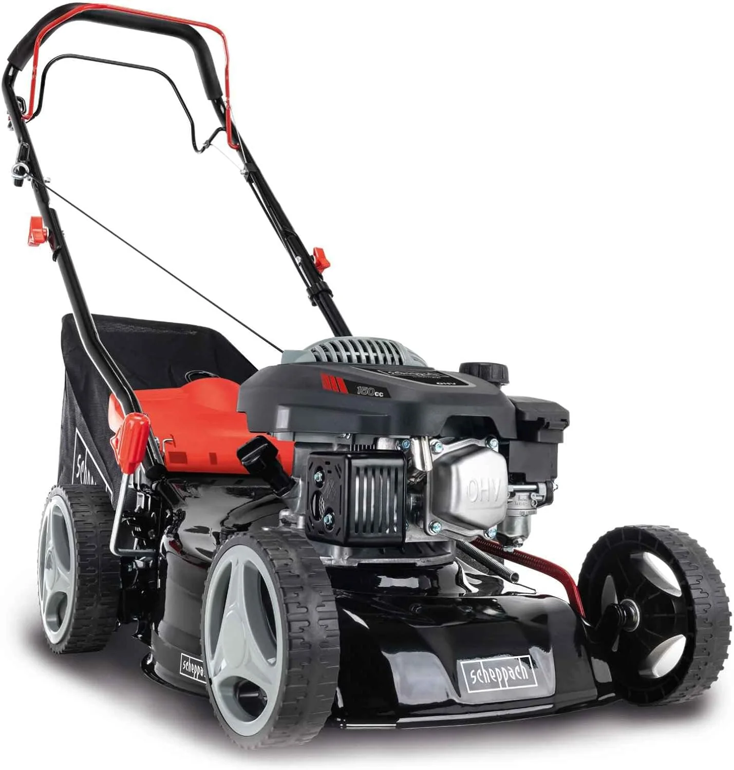 Scheppach Benzin Rasenmäher MS150-42 - 3,5PS | Schnittbreite 42cm | Radantrieb | Stahlgehäuse | Reinigungsfunktion | Mulchfunktion | 45 Liter Fangkorb | Höhenverstellung in 7 Stufen (25-75mm)