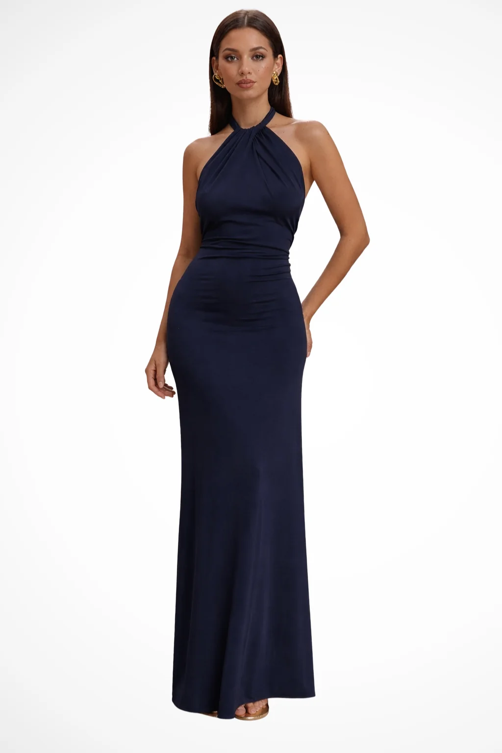 Neckholder Maxi-Kleid f��r Damen | R��ckenfreies Abendkleid mit Raffungen | Elegantes Kleid f��r Hochzeitsg?ste Figurbetont