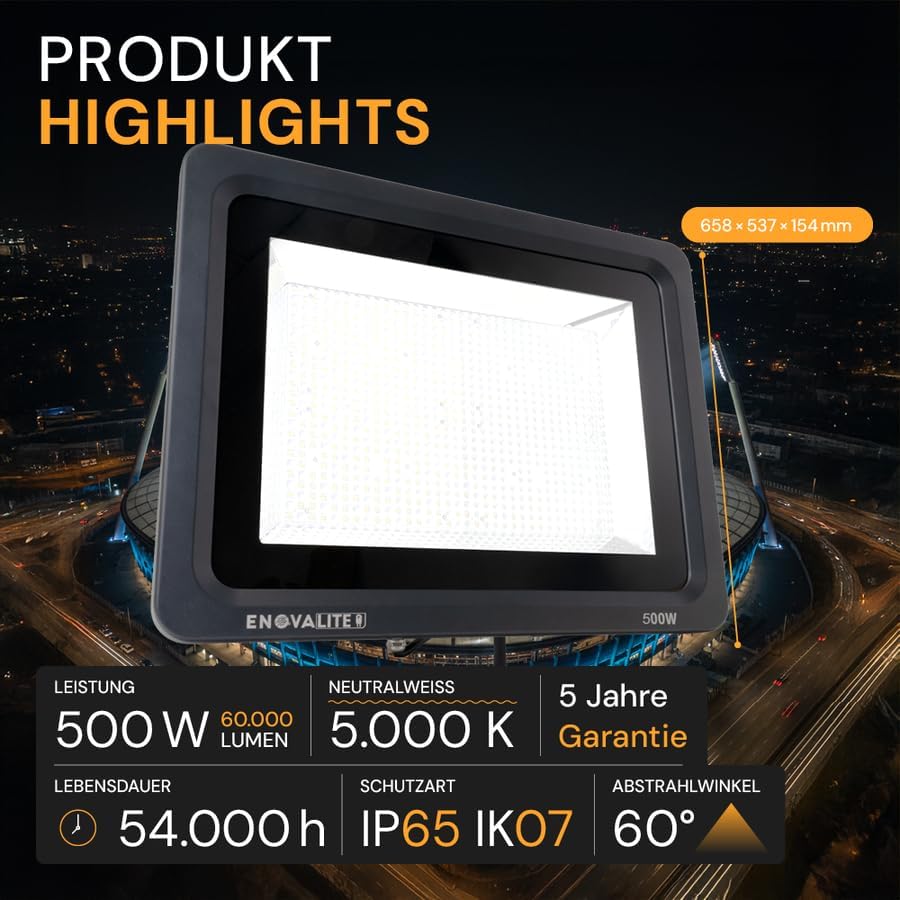 LED Stadion Fluter 500W 60000lm - Flutlicht LED Strahler außen 5000K neutralweiß, 60° Weitwurf, IP65 wasserdicht, Stadionlicht für Sportplatz, Baustelle - LED Scheinwerfer 230V