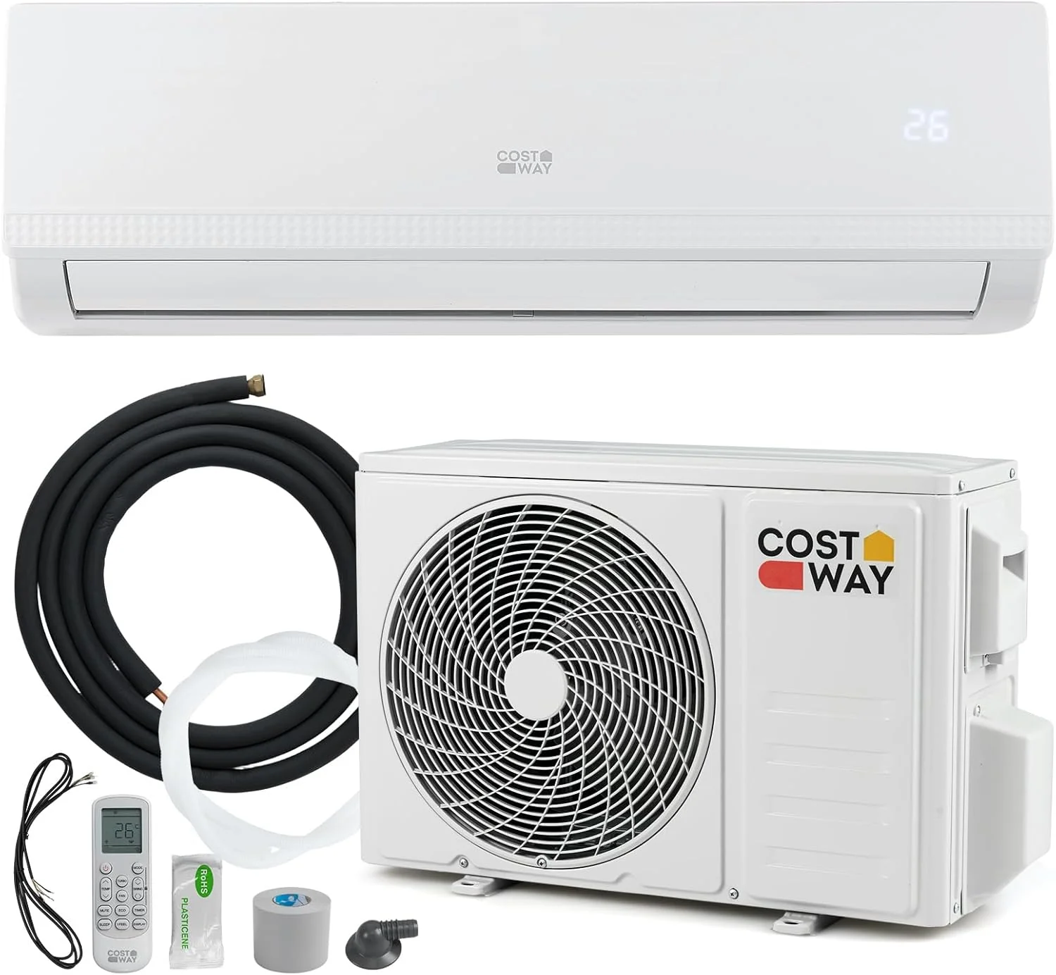 COSTWAY Aire Acondicionado Split, 2,6 kW, Aire Acondicionado con Calefacción con Bomba de Calor,Refrigerante: R32, Calefactor y Refrigerador con Kit de Instalación para Habitación hasta 70m³ (9000BTU)