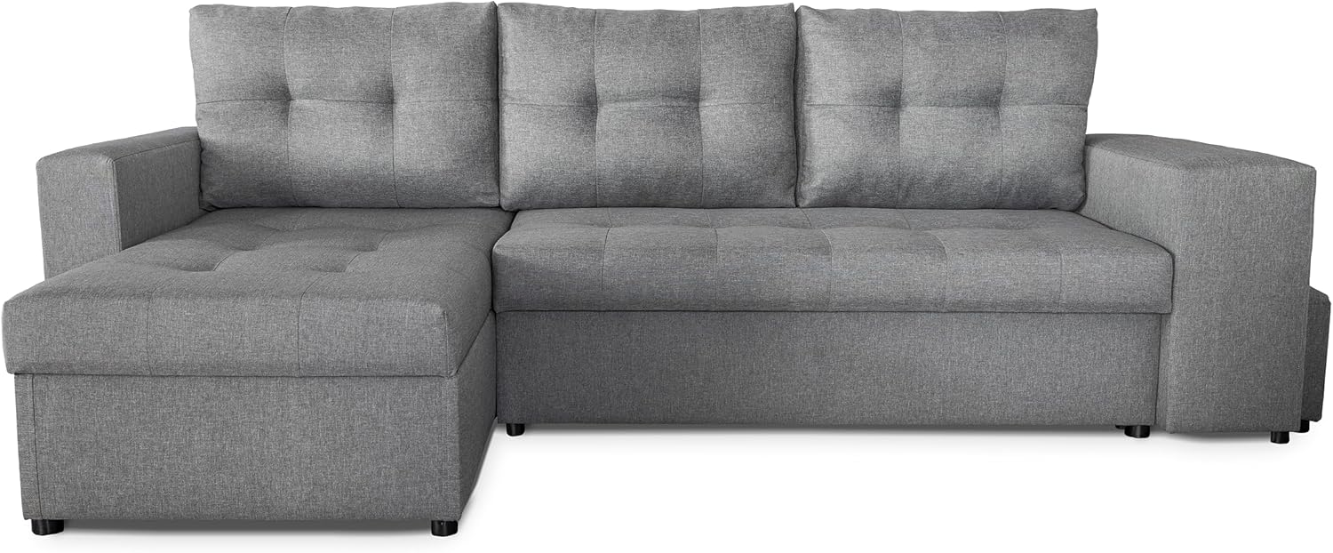 NAWSTOL - Sofa narożna Leon z funkcją spania i skrzynią na pościel – nowoczesna sofa do salonu – możliwość montażu z lewej lub prawej strony (szara + biała sztuczna skóra)
