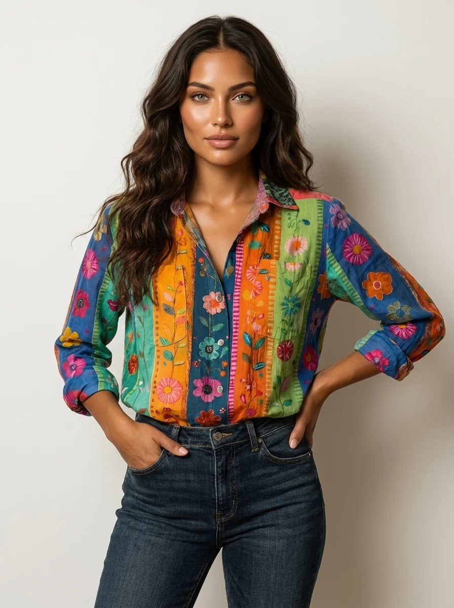 Damen Bluse mit botanischem Print | Leichtes Sommerhemd mit Knopfleiste | Luftiges Oberteil f��r Freizeit und den Urlaub