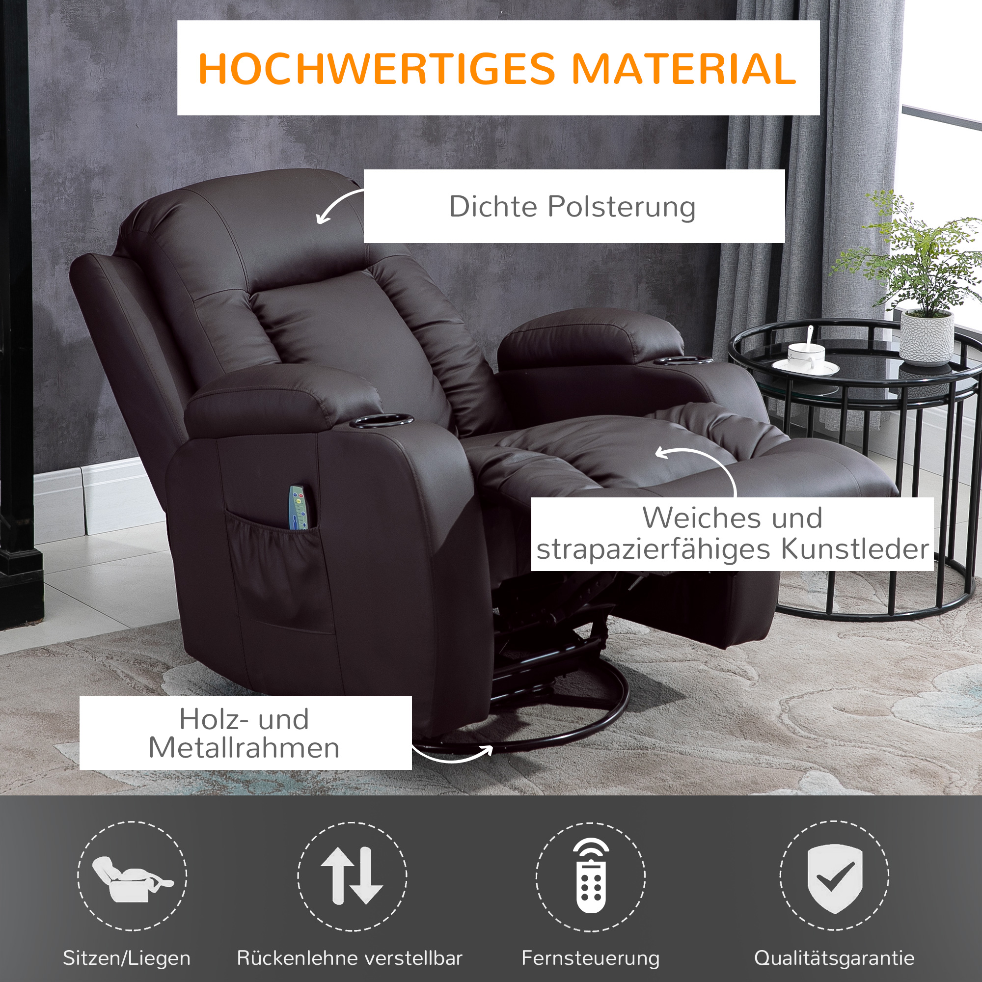 Massagestoel, relaxstoel, schommelfunctie, 8 vibratiepunten, inclusief afstandsbediening, Koffiebruin
