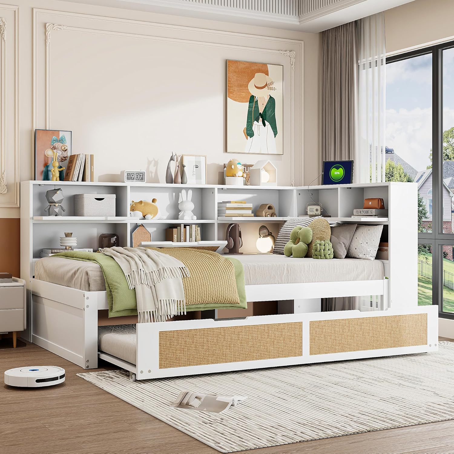 Tagesbett Schlafsofa 90x200, Holz Multifunktionsbett mit Ausziehbett 90x190 cm, USB-Steckdose und vielen Staufächern, Einzelbett Massivholzbett Kinderbett Daybett mit Lattenrost, Ohne Matratze, Weiß