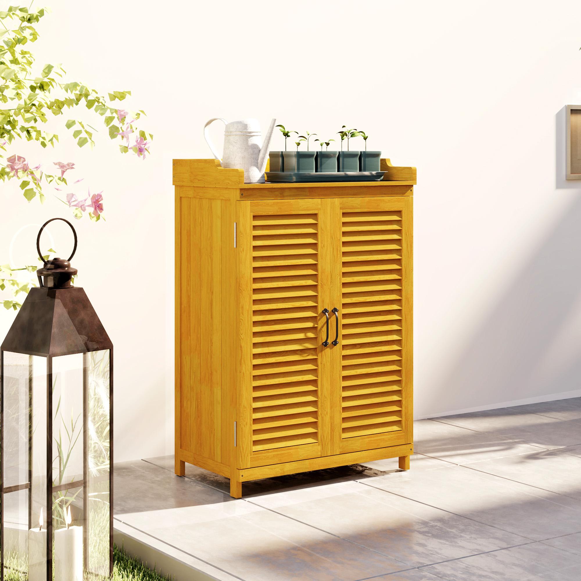 Outsunny Tuinkast van Hout met Werkoppervlak, Weerbestendige Gereedschapskast, 65,5x40x98,5cm Geel