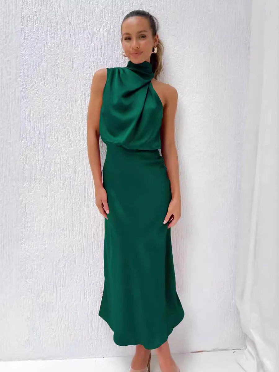 Damen Satin Maxikleid mit Halterneck-Ausschnitt | Flie?endes, bodenlanges Abendkleid f��r Hochzeiten und festliche Events