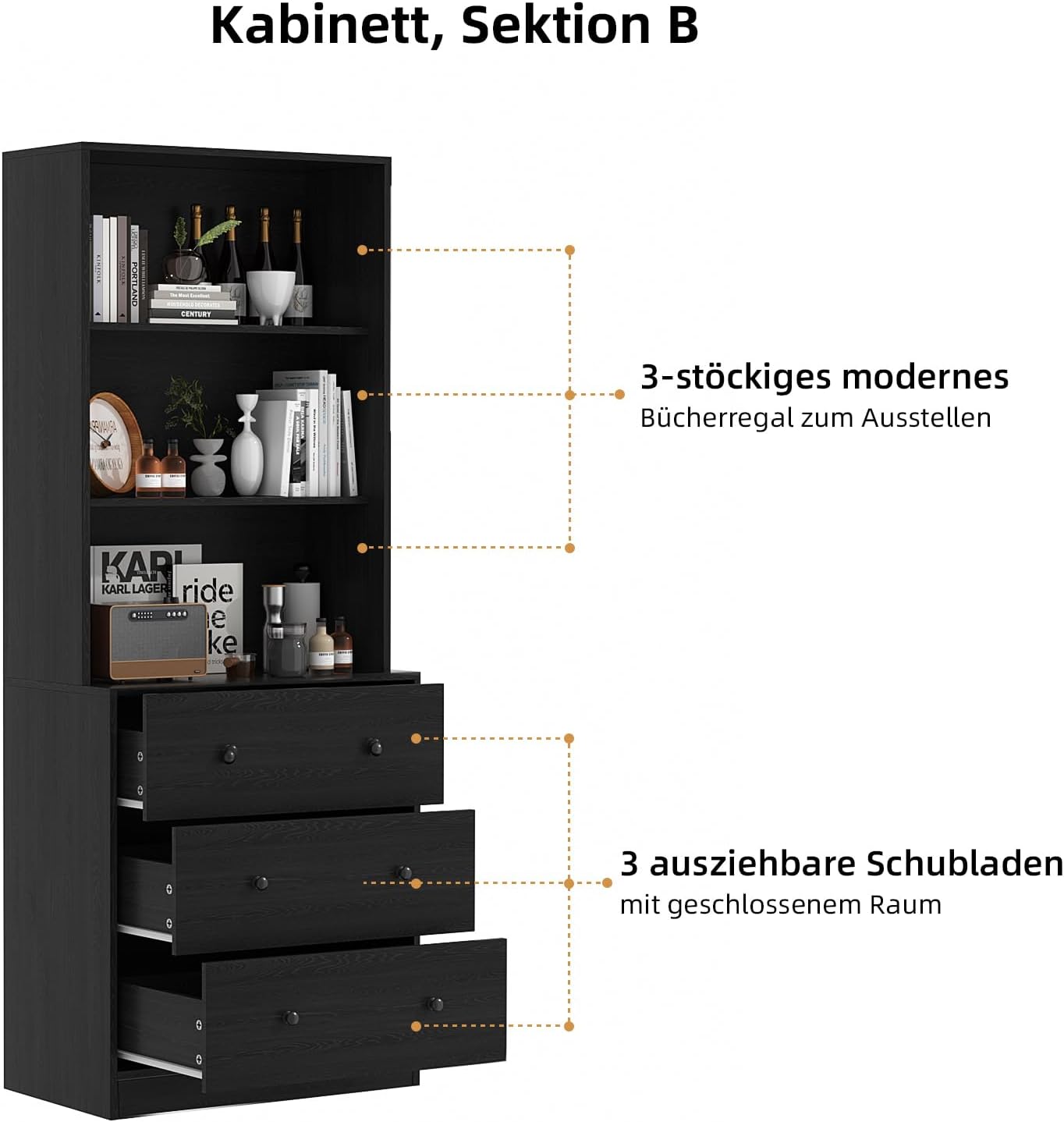 VOWNER 5-stöckiges Bücherregal mit Glastüren, 180 cm Vitrinenschrank, Küchenschränke, Küchenschrank Hochschrank, Buffetschrank für Küche, Wohnzimmer, Esszimmer, 4PCS (Schwarz)