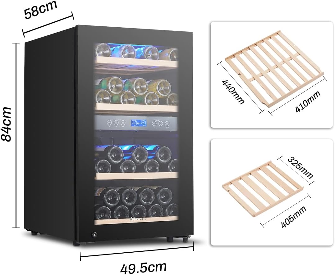 Kalamera Weinkühlschrank 2 Zonen, 45 Flaschen, 120Liter, großes LCD-Display, Temperaturzonen 5-10°C/10-18°C, KRC-120BFG