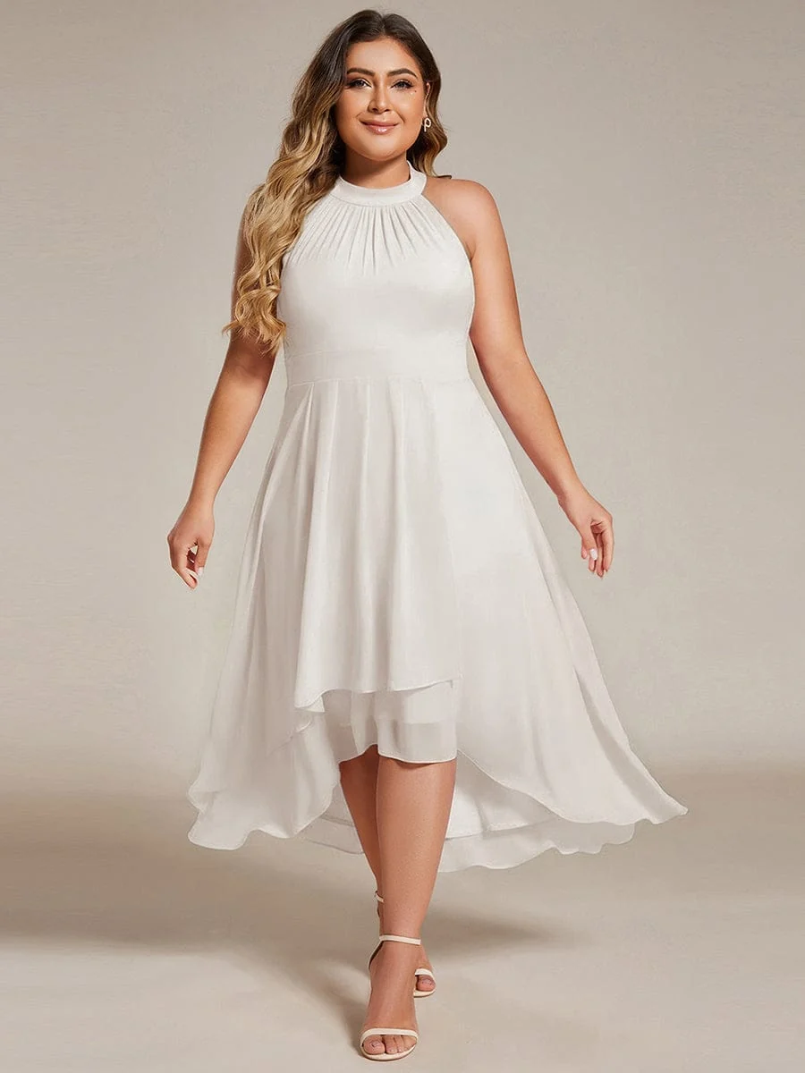 Damen Chiffon Midi-Kleid in A-Linie | Festliches Halterneck Kleid mit Plissee-Details | Sommerliches Kleid f��r Hochzeitsg?ste